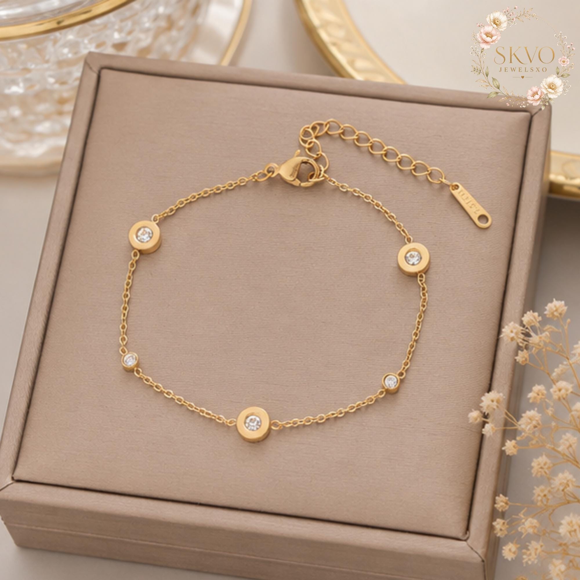 Gold Plated Bracelet with Crystal Accents, Elegant Jewelry Gift for Women, Fine Dainty Chain Accessory, Bridal or Everyday Wear