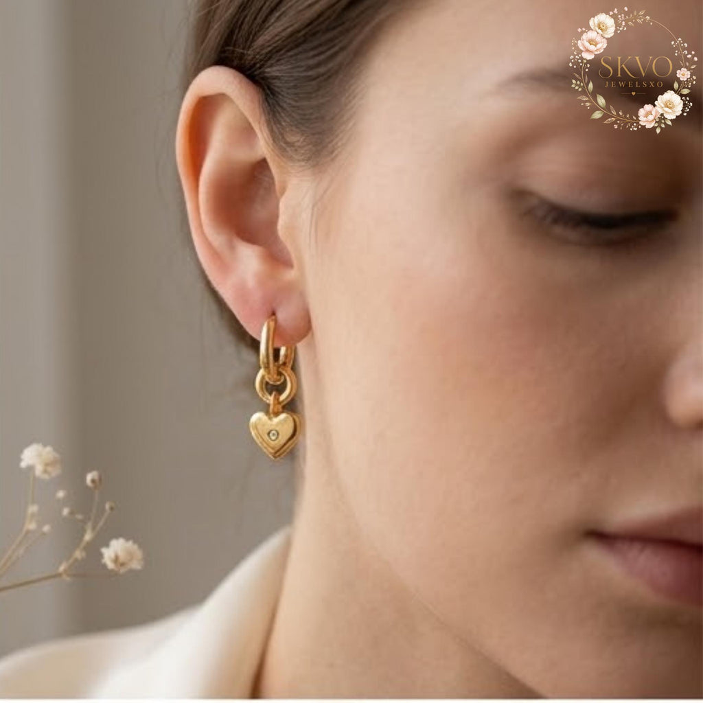 Gold Heart Hoop Earrings with Crystal Accent, Dainty Jewelry for Women, Romantic Gift, Bridal Accessories, Minimalist Gold Earrings