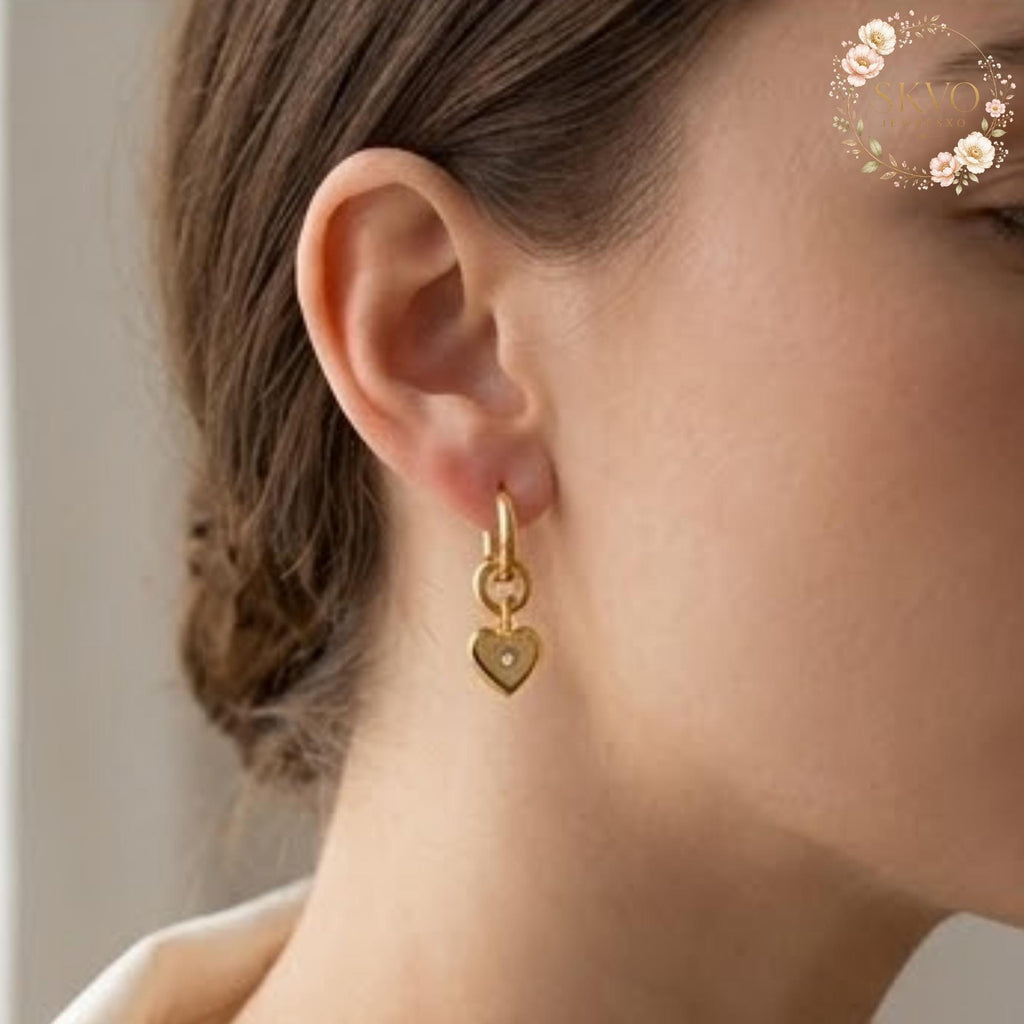Gold Heart Hoop Earrings with Crystal Accent, Dainty Jewelry for Women, Romantic Gift, Bridal Accessories, Minimalist Gold Earrings