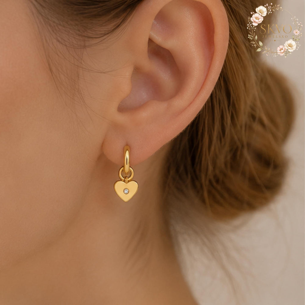 Gold Heart Hoop Earrings with Crystal Accent, Dainty Jewelry for Women, Romantic Gift, Bridal Accessories, Minimalist Gold Earrings
