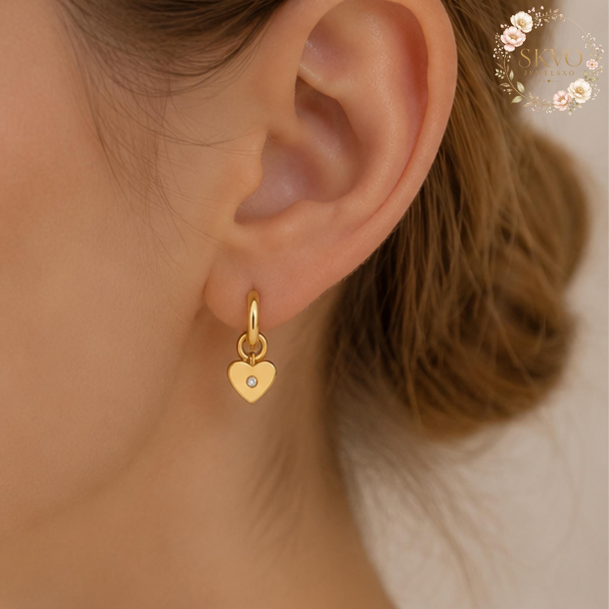 Gold Heart Hoop Earrings with Crystal Accent, Dainty Jewelry for Women, Romantic Gift, Bridal Accessories, Minimalist Gold Earrings