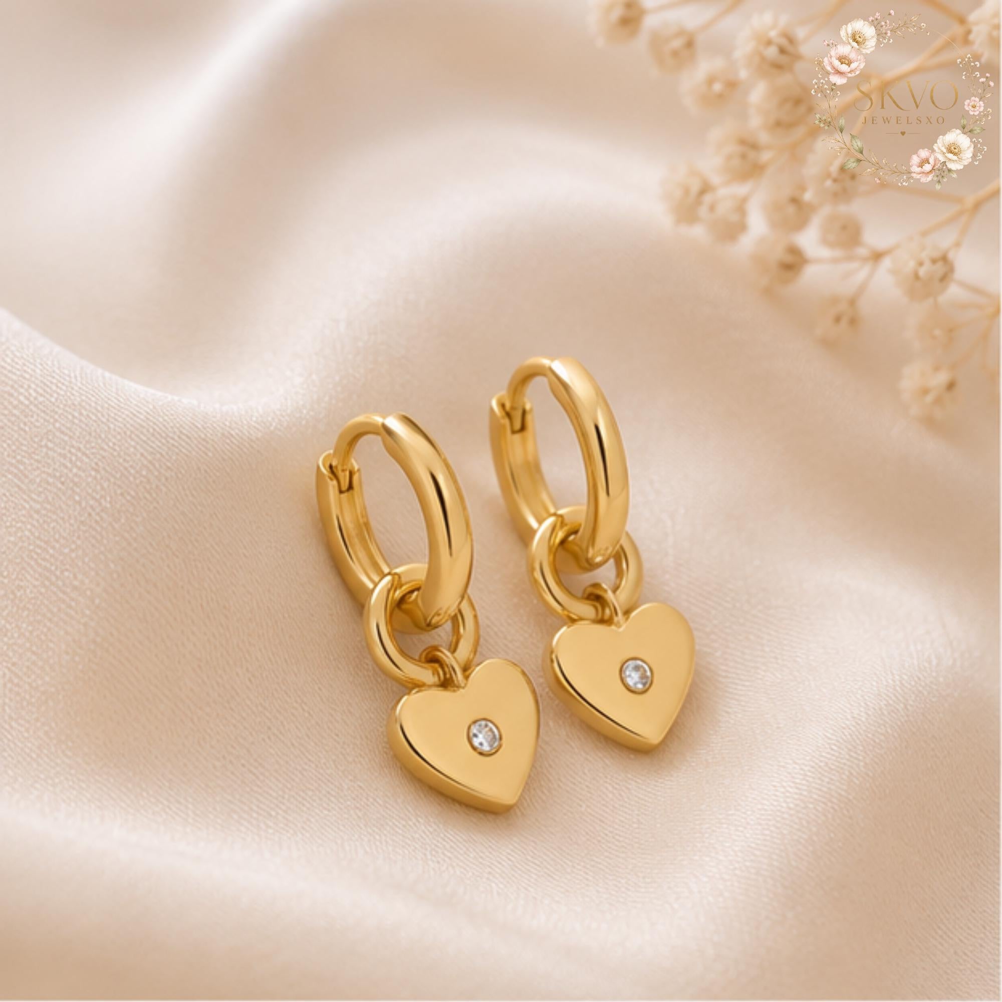 Gold Heart Hoop Earrings with Crystal Accent, Dainty Jewelry for Women, Romantic Gift, Bridal Accessories, Minimalist Gold Earrings