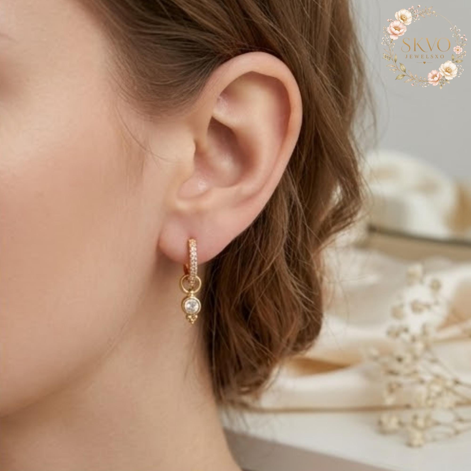 Gold Hoop Earrings With Cubic Zirconia Dangles, Dainty Jewelry For Women, Minimalist Gift, Everyday Accessory, Wedding or Special Occasion