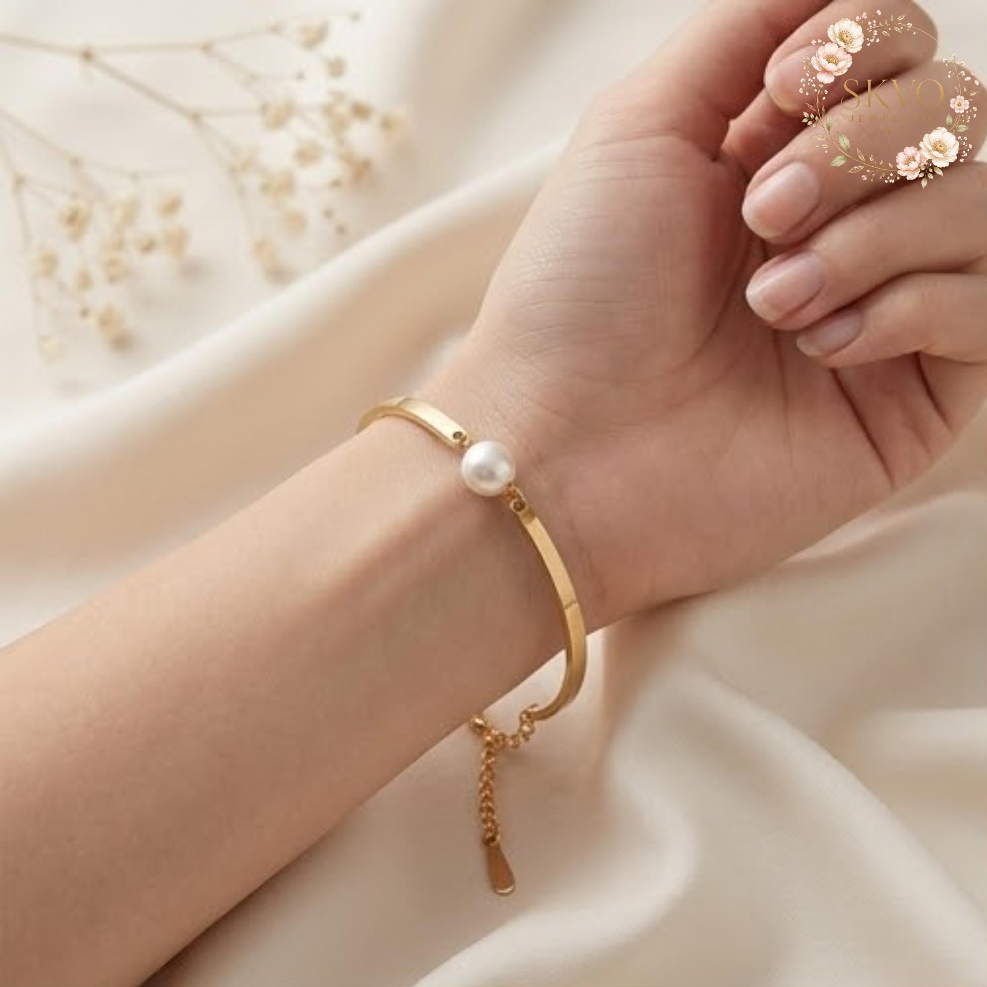 Pearl and Gold Bangle Bracelet, Elegant Minimalist Jewelry, Gift for Women, Handmade Bridal Accessory, Fine Gold Plated Cuff