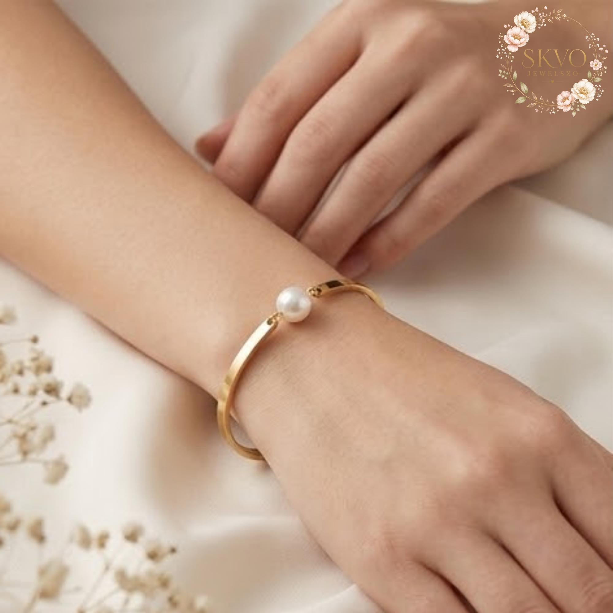 Pearl and Gold Bangle Bracelet, Elegant Minimalist Jewelry, Gift for Women, Handmade Bridal Accessory, Fine Gold Plated Cuff