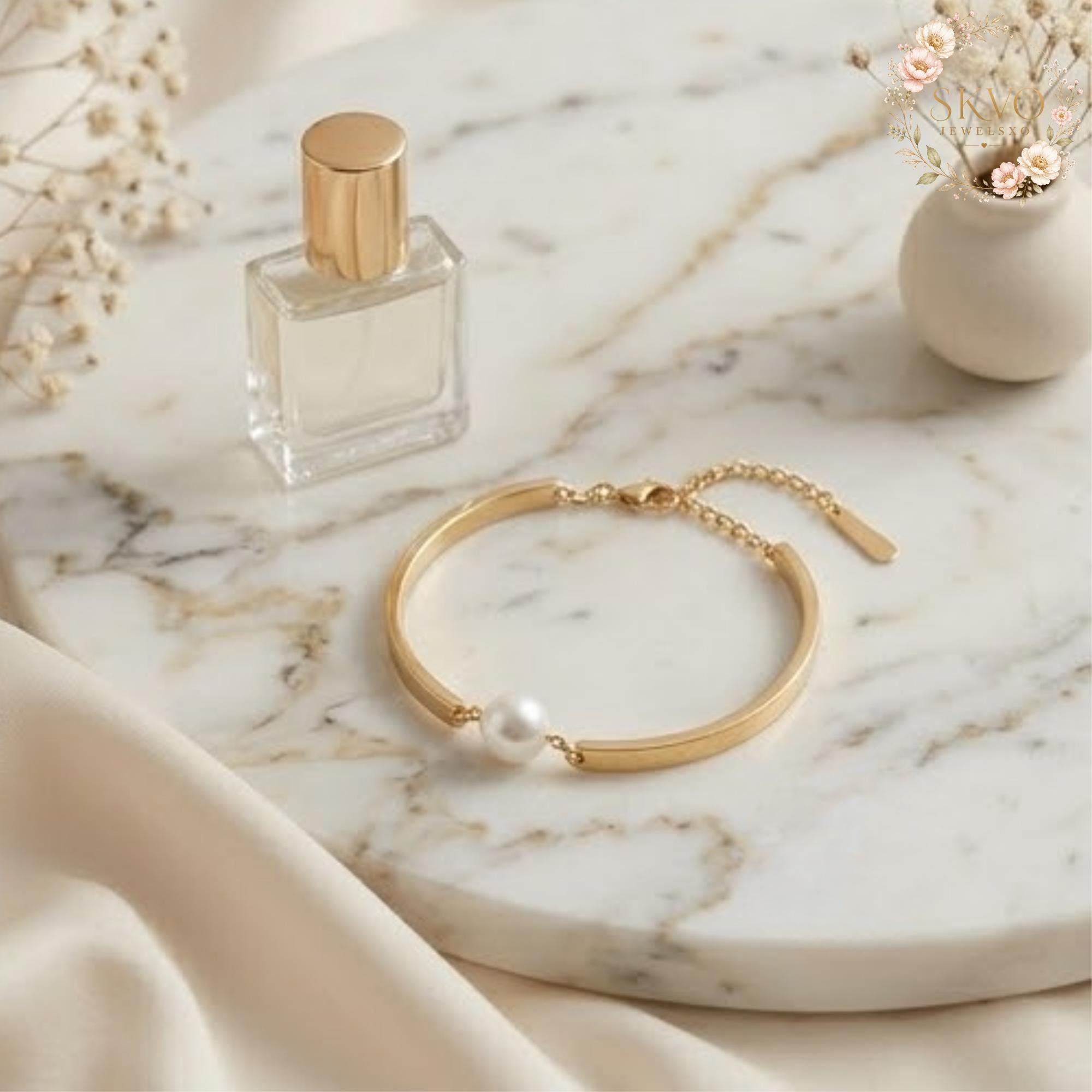Pearl and Gold Bangle Bracelet, Elegant Minimalist Jewelry, Gift for Women, Handmade Bridal Accessory, Fine Gold Plated Cuff