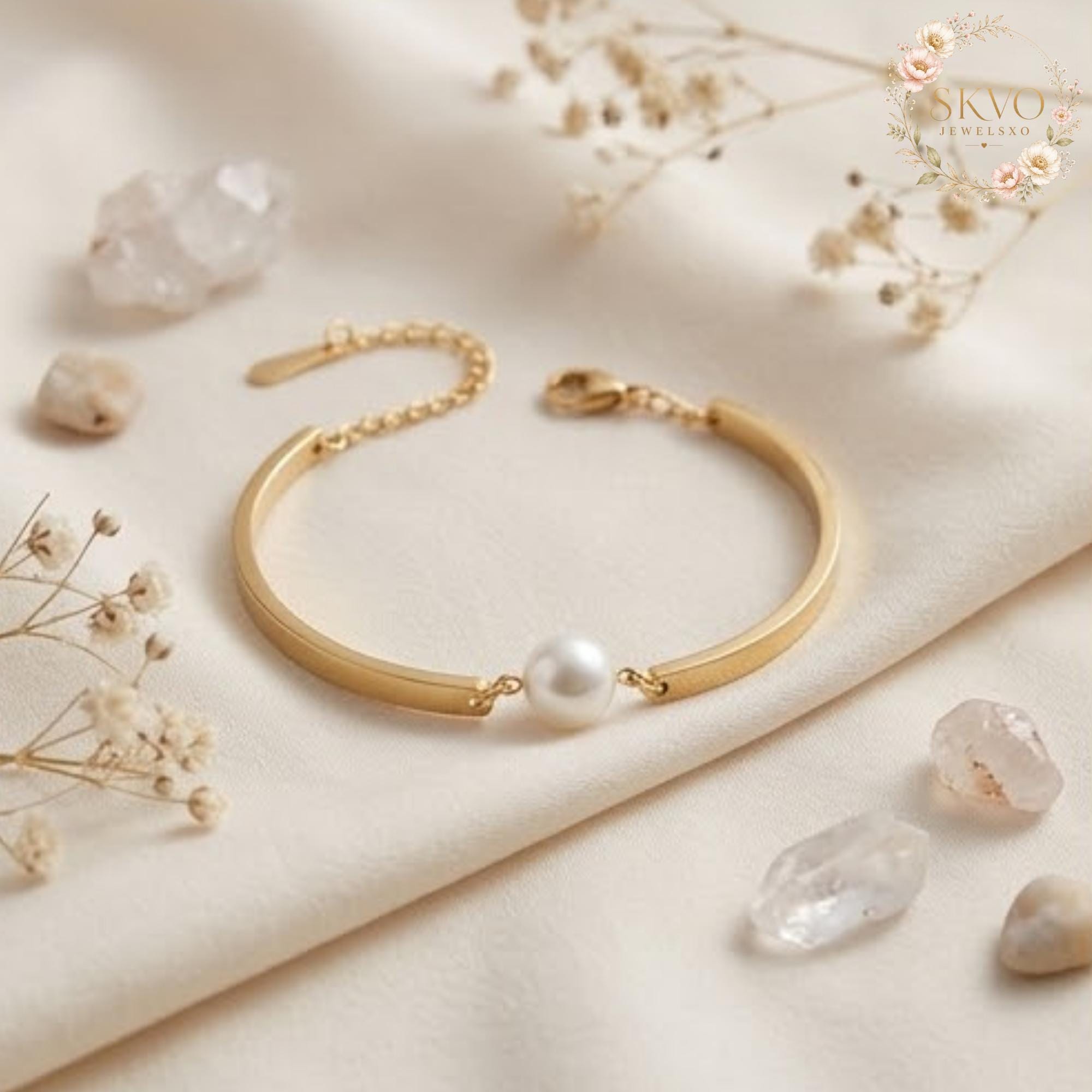 Pearl and Gold Bangle Bracelet, Elegant Minimalist Jewelry, Gift for Women, Handmade Bridal Accessory, Fine Gold Plated Cuff