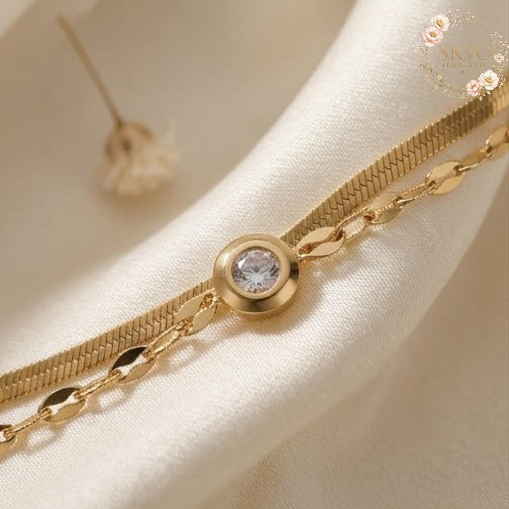 Gold Bracelet With Cubic Zirconia and Chain Design, Minimalist Jewelry, Dainty Gift for Women, Everyday Acessories, Elegant Bridal Jewelry