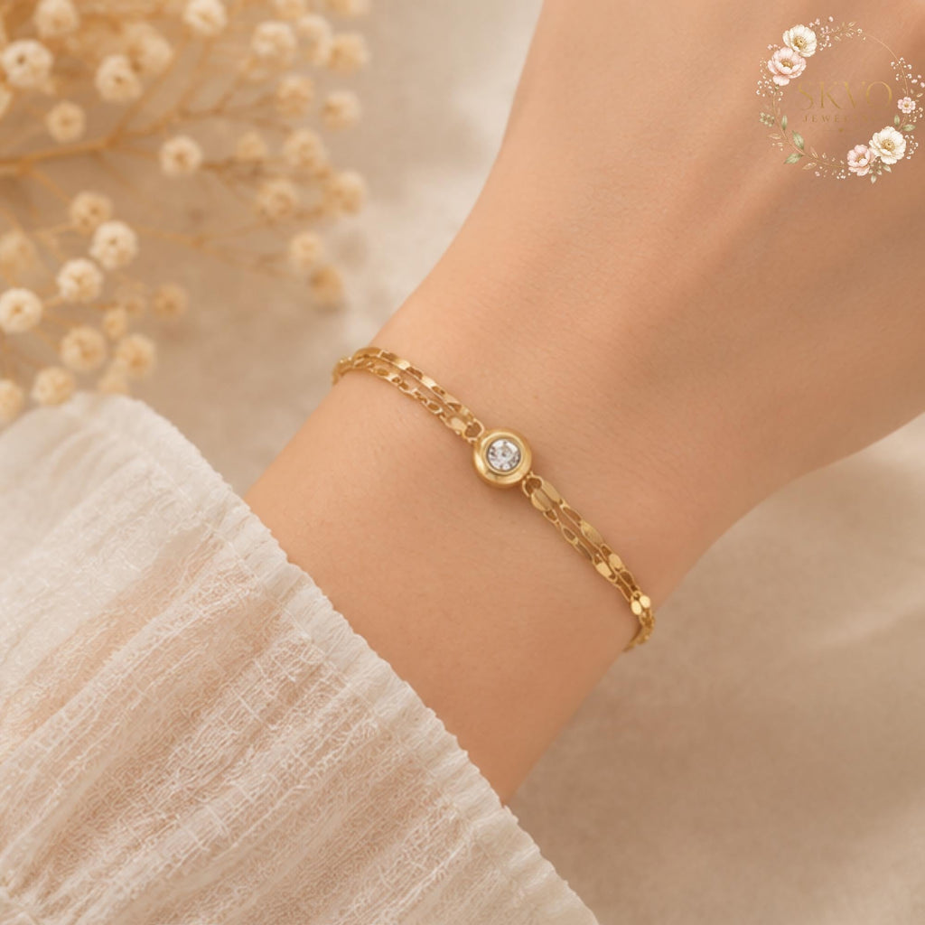 Gold Bracelet With Cubic Zirconia and Chain Design, Minimalist Jewelry, Dainty Gift for Women, Everyday Acessories, Elegant Bridal Jewelry