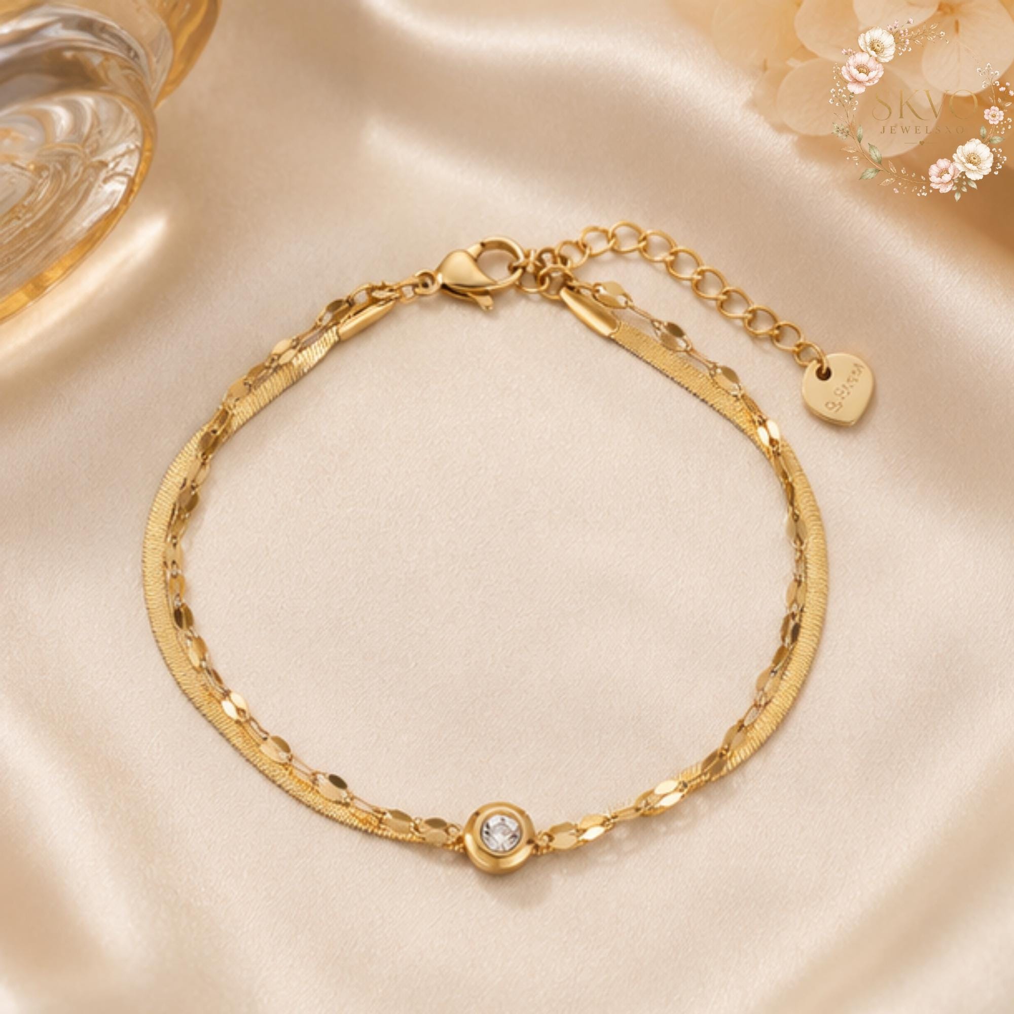 Gold Bracelet With Cubic Zirconia and Chain Design, Minimalist Jewelry, Dainty Gift for Women, Everyday Acessories, Elegant Bridal Jewelry