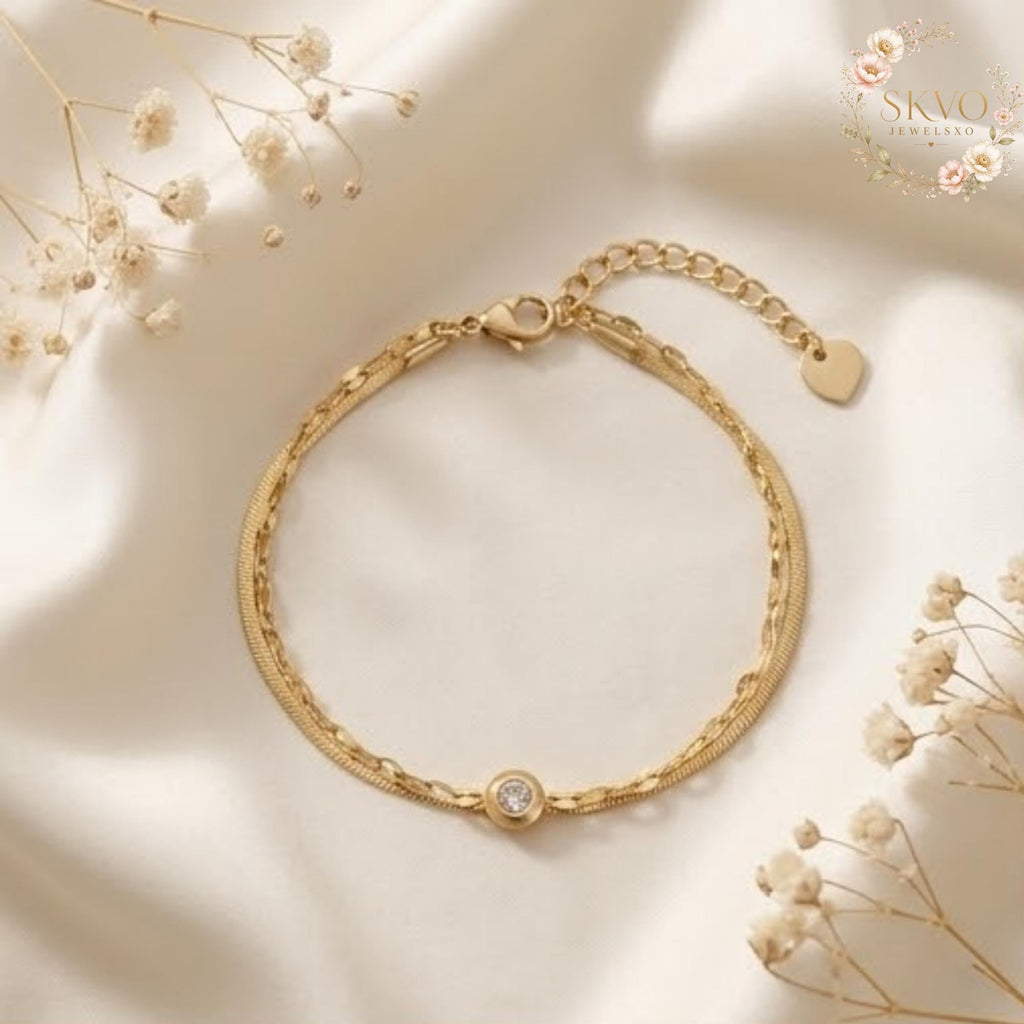 Gold Bracelet With Cubic Zirconia and Chain Design, Minimalist Jewelry, Dainty Gift for Women, Everyday Acessories, Elegant Bridal Jewelry
