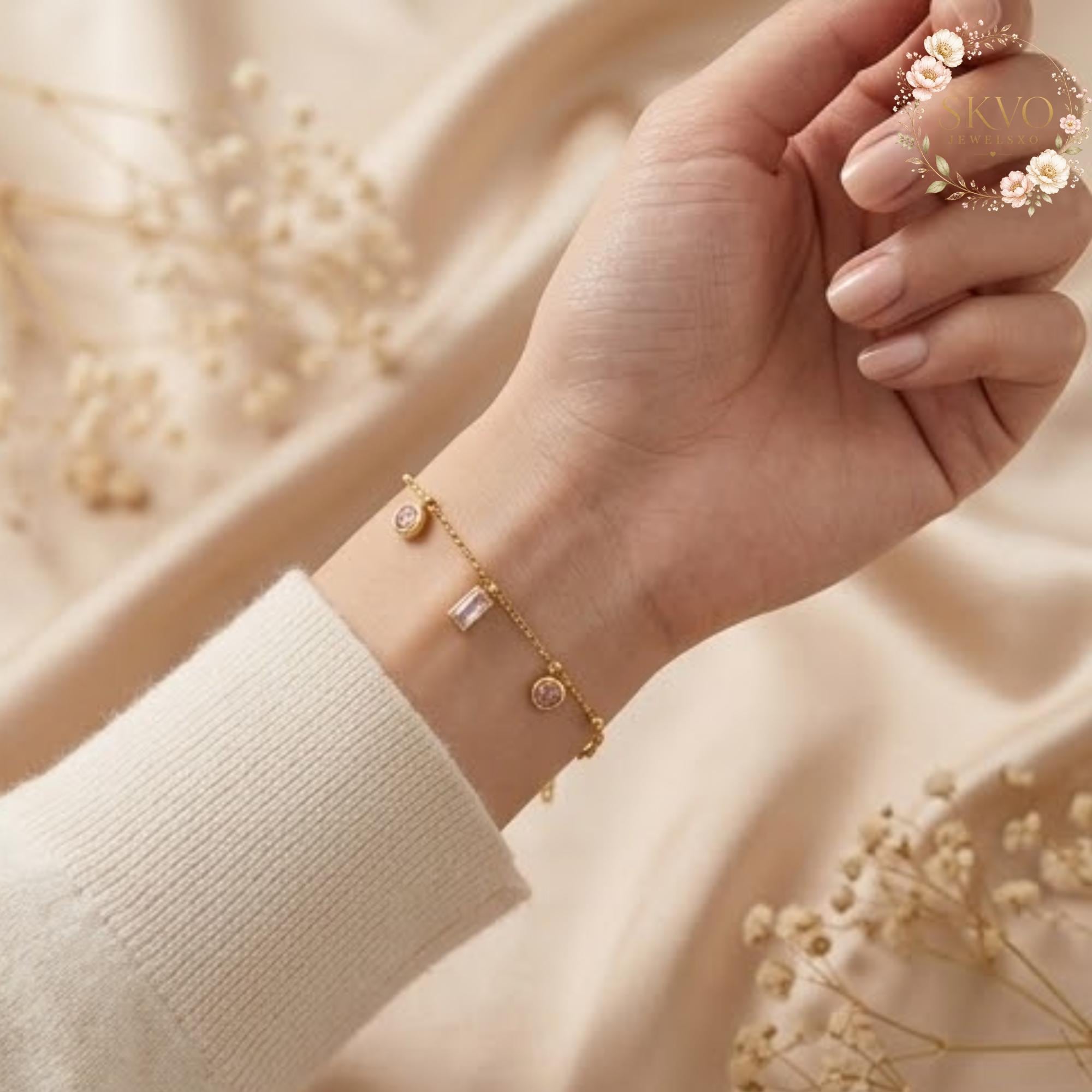 Gold Bracelet With Cubic Zirconia and Chain Design, Minimalist Jewelry, Dainty Gift for Women, Everyday Acessories, Elegant Bridal Jewelry
