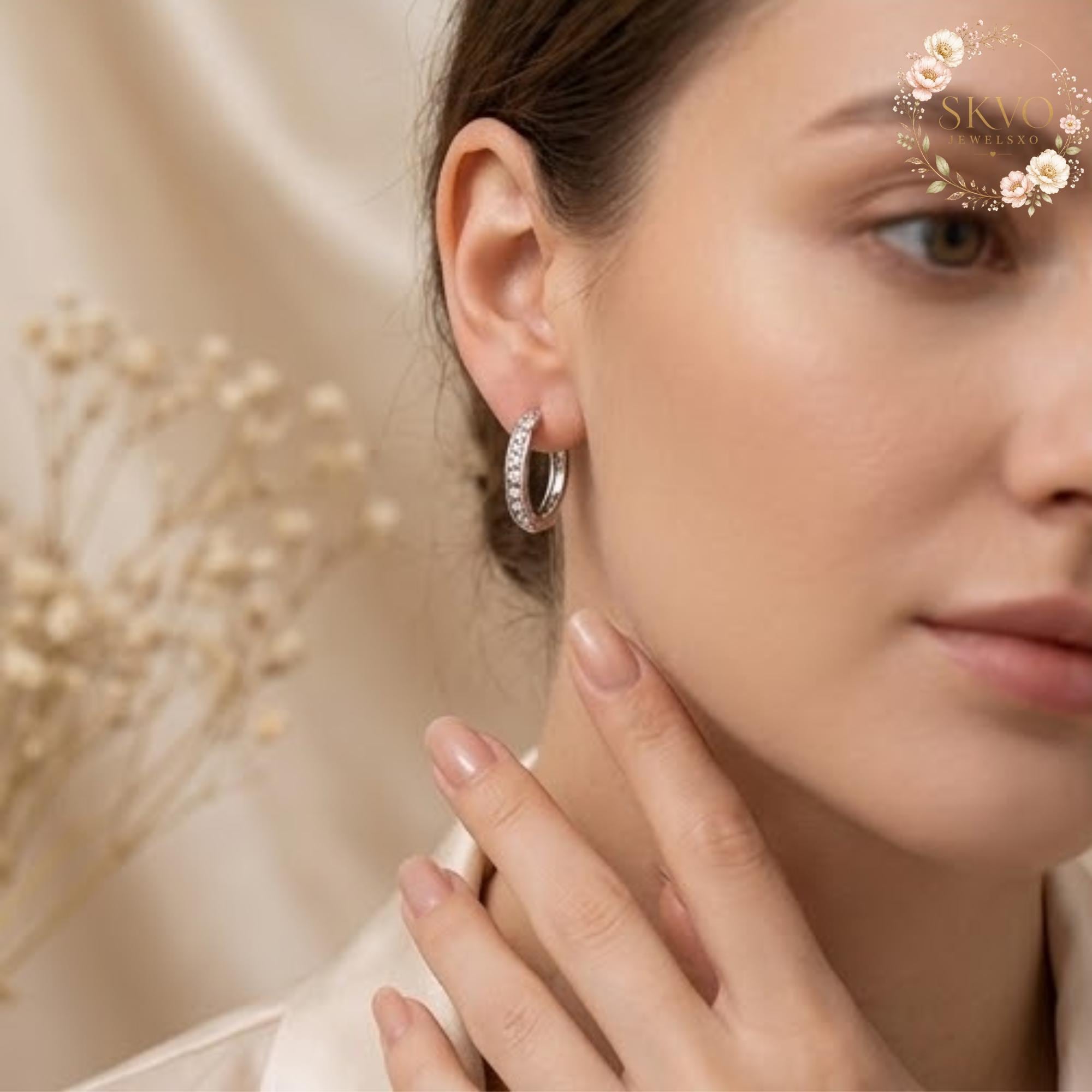 Elegant Silver Hoop Earrings with Cubic Zirconia Accents, Dainty Jewelry for Women, Gift for Her, Everyday Stylish Ear Accessories