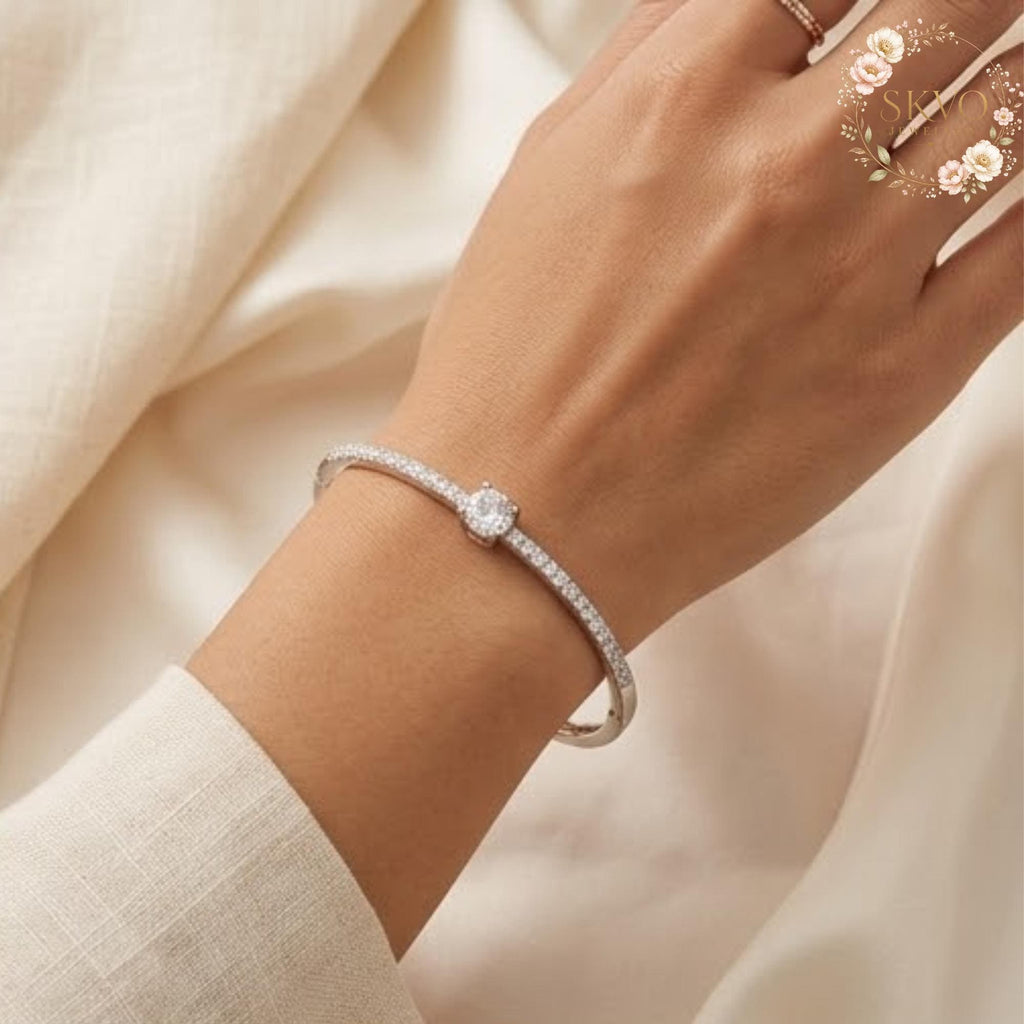 Elegant Silver Bangle with Cubic Zirconia, Dainty Sparkling Jewelry, Gift for Her, Bridal Accessory, Wedding Bracelet, Anniversary Gift