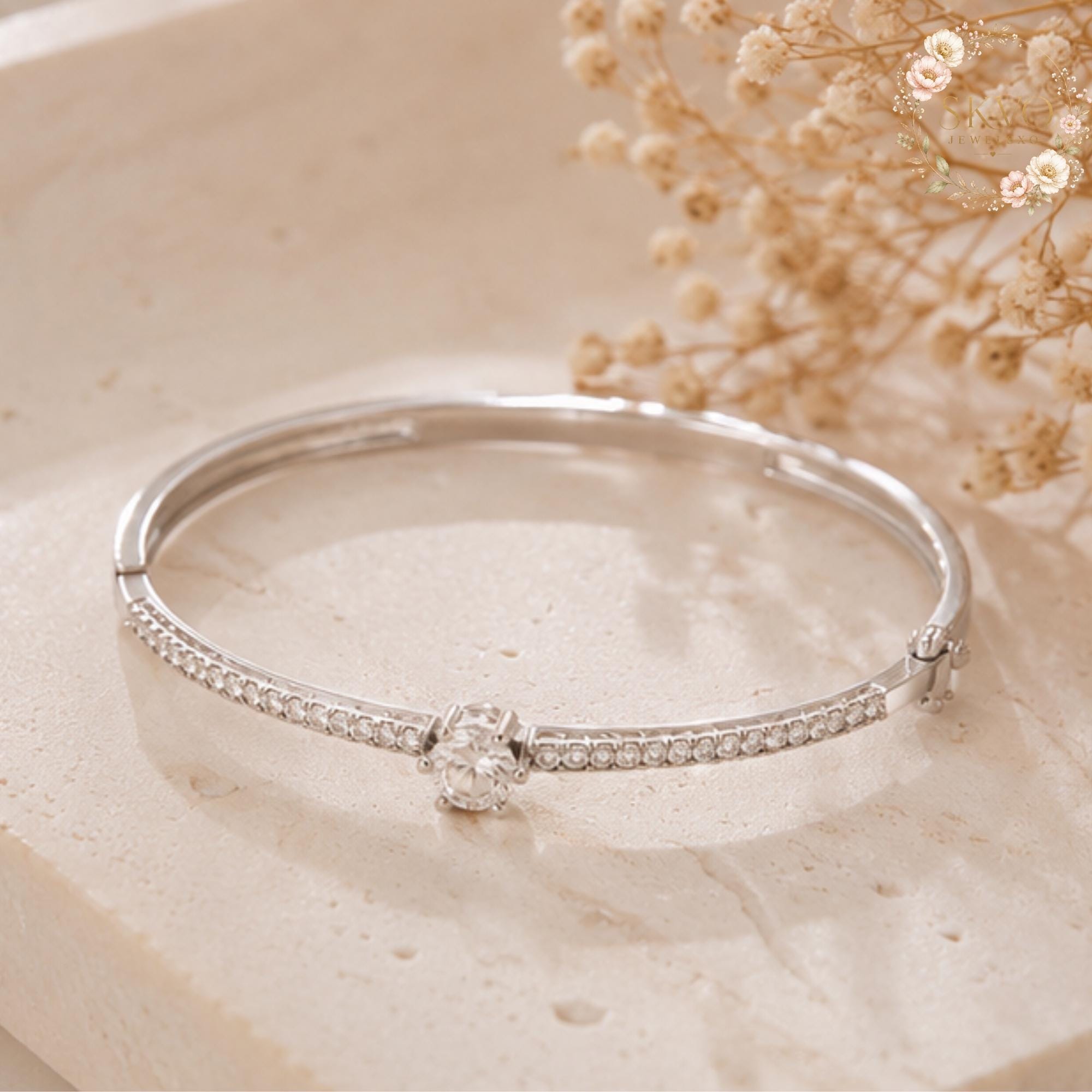 Elegant Silver Bangle with Cubic Zirconia, Dainty Sparkling Jewelry, Gift for Her, Bridal Accessory, Wedding Bracelet, Anniversary Gift