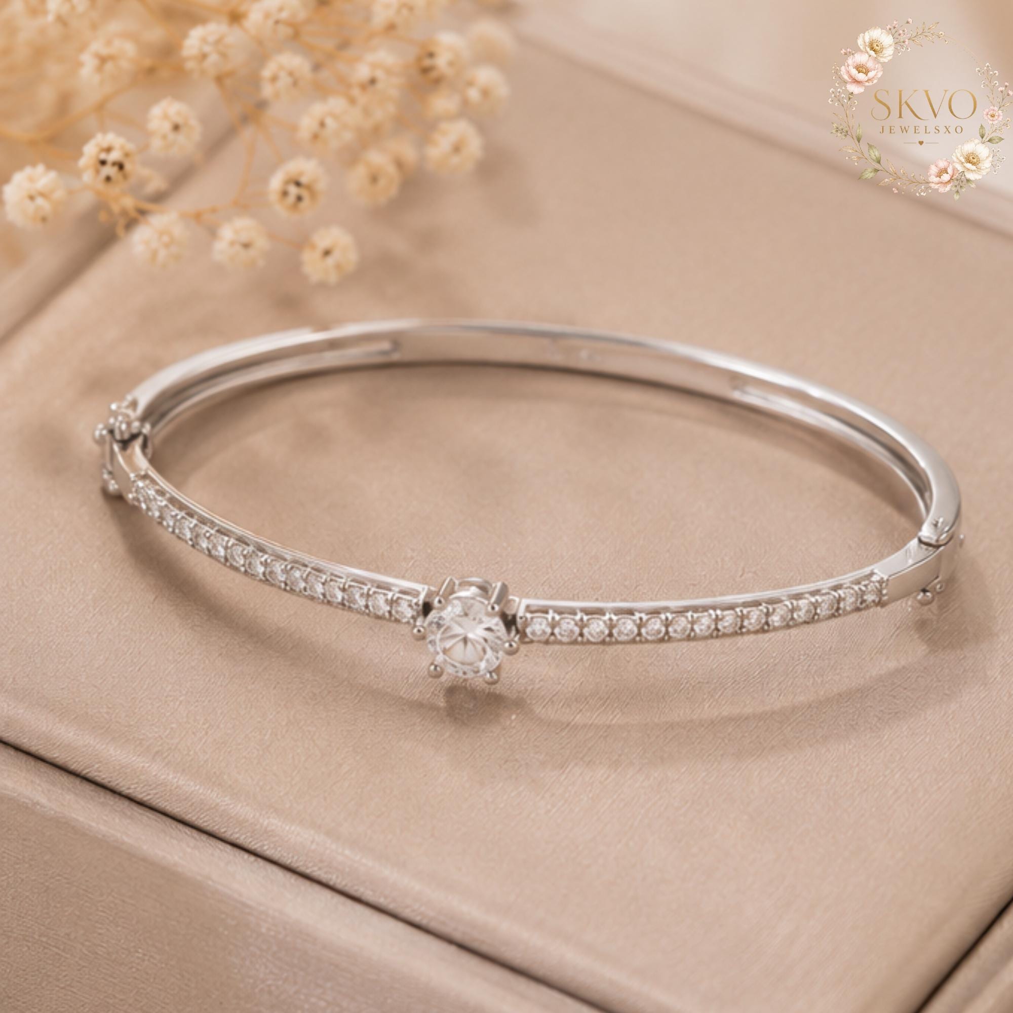 Elegant Silver Bangle with Cubic Zirconia, Dainty Sparkling Jewelry, Gift for Her, Bridal Accessory, Wedding Bracelet, Anniversary Gift