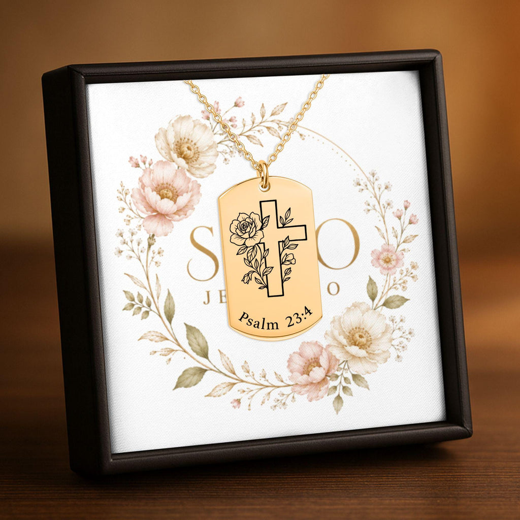 Personalized Tag Necklace with Cross and Psalm 23:4 Engraving, 18k Gold Plated Stainless Steel, Customizable Front & Back, Ready to Ship