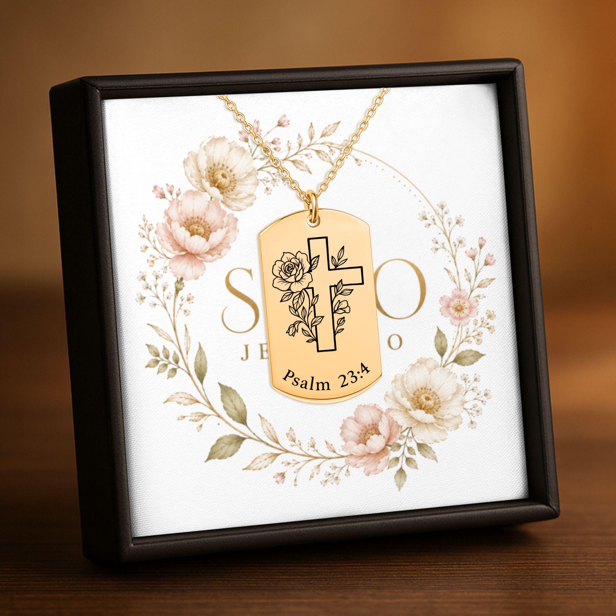 Personalized Tag Necklace with Cross and Psalm 23:4 Engraving, 18k Gold Plated Stainless Steel, Customizable Front & Back, Ready to Ship