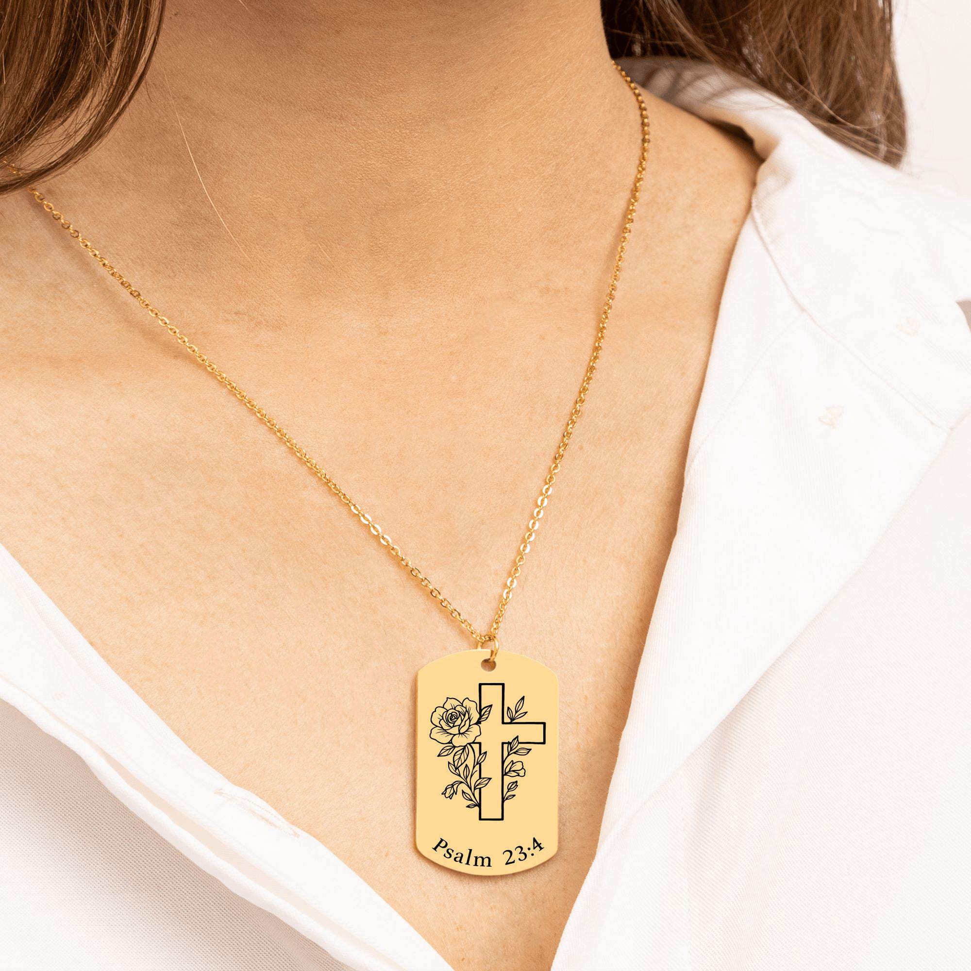 Personalized Tag Necklace with Cross and Psalm 23:4 Engraving, 18k Gold Plated Stainless Steel, Customizable Front & Back, Ready to Ship