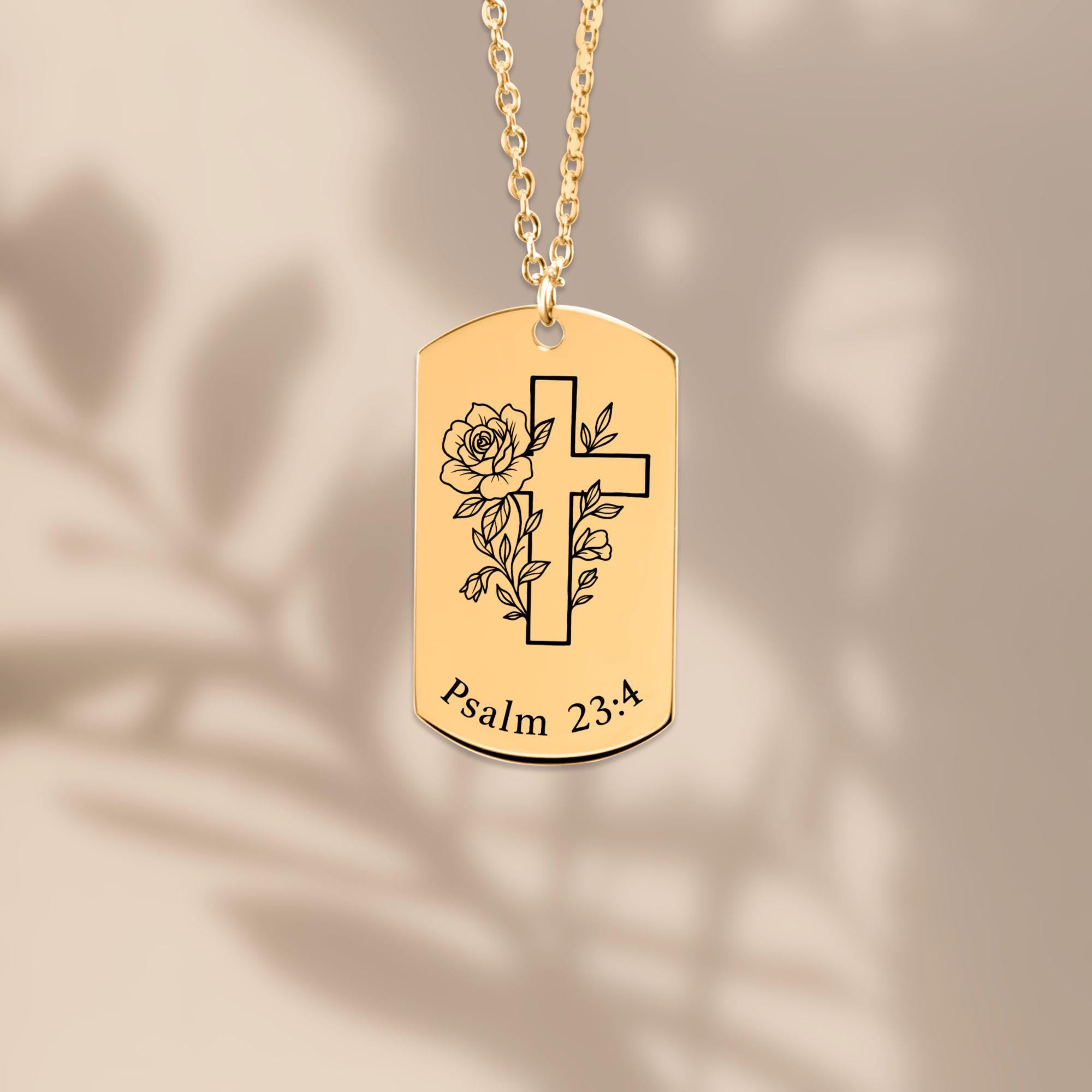 Personalized Tag Necklace with Cross and Psalm 23:4 Engraving, 18k Gold Plated Stainless Steel, Customizable Front & Back, Ready to Ship