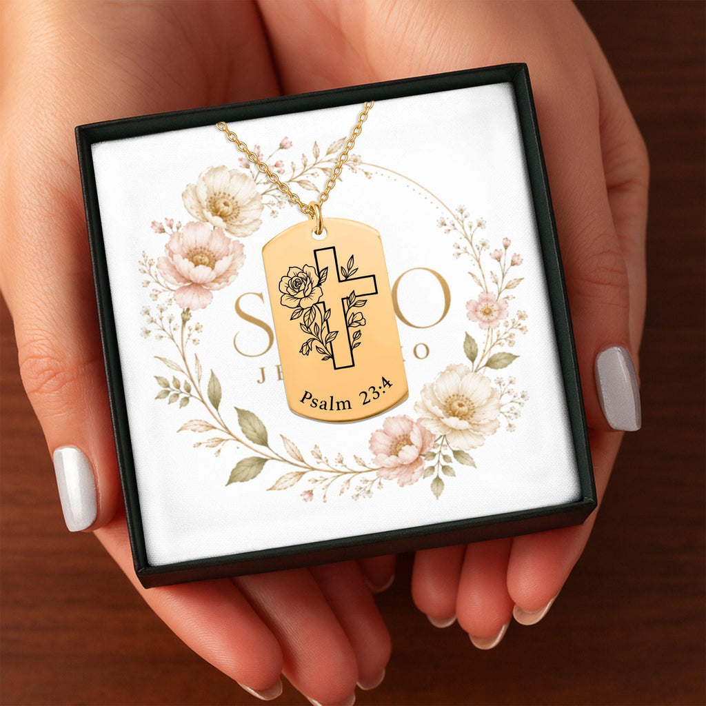 Personalized Tag Necklace with Cross and Psalm 23:4 Engraving, 18k Gold Plated Stainless Steel, Customizable Front & Back, Ready to Ship