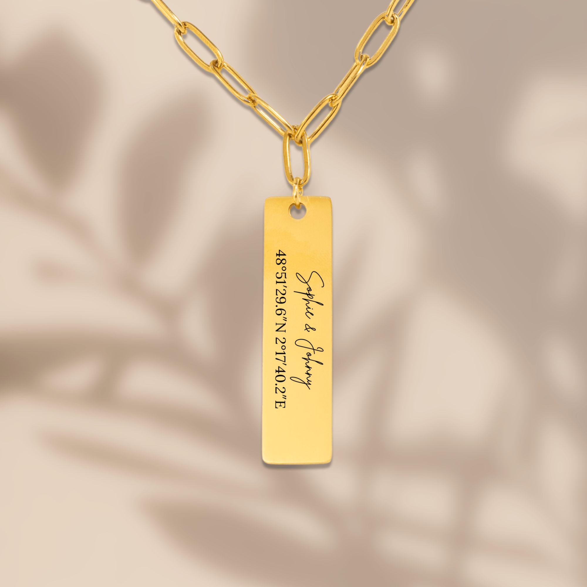 Personalized Paperclip Vertical Bar Necklace with Laser Engraving, 18k Gold Rose Gold Stainless Steel Custom Jewelry, Gift for Her