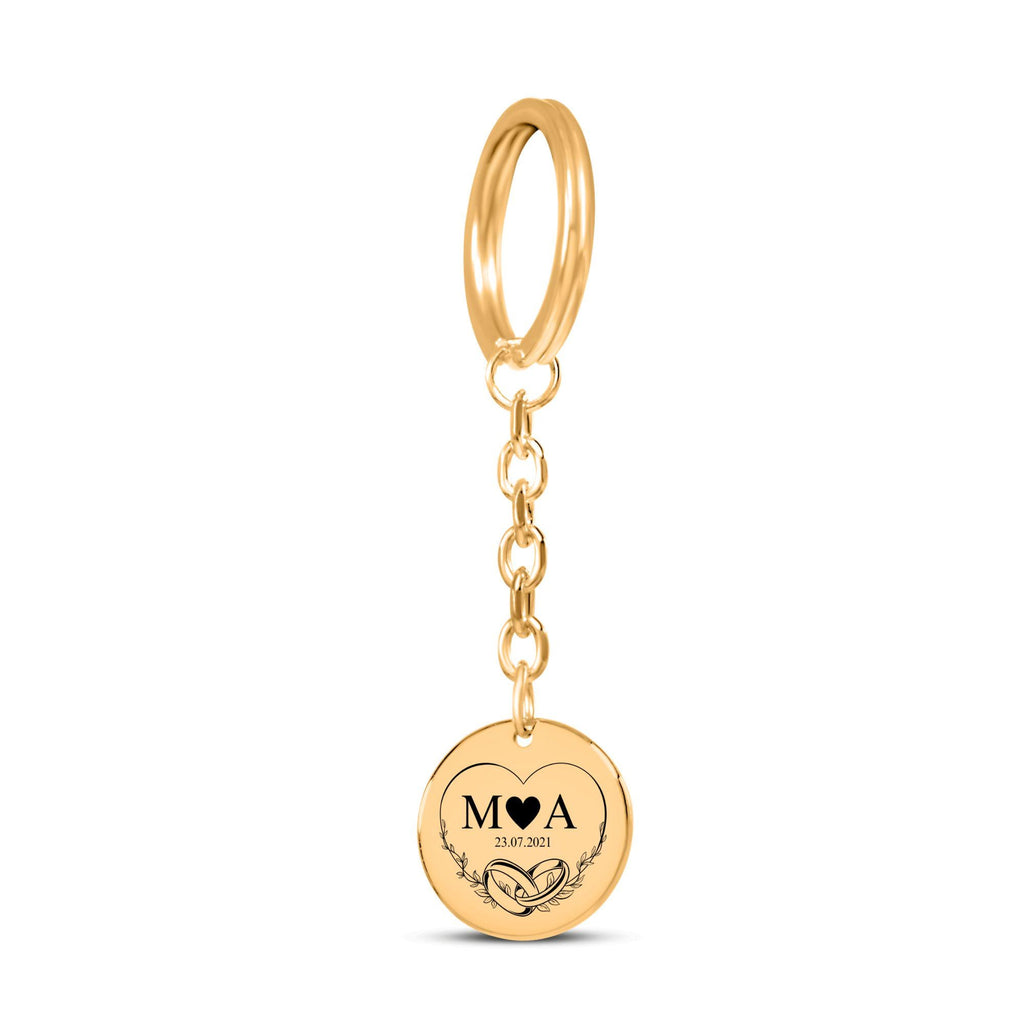 Personalized coin keychain with laser engraving, stainless steel, 18k gold or rose gold plated, custom front and back, gift for her or him