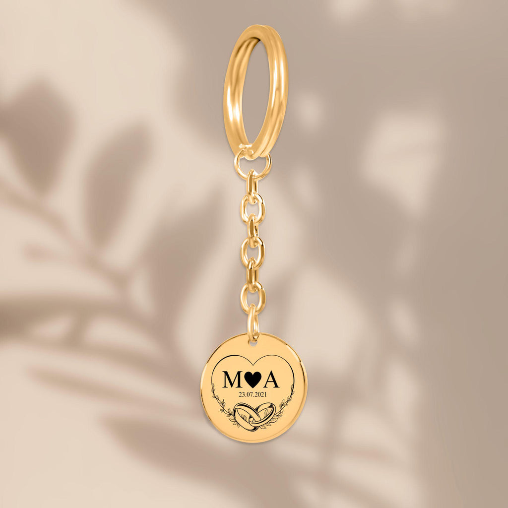 Personalized coin keychain with laser engraving, stainless steel, 18k gold or rose gold plated, custom front and back, gift for her or him