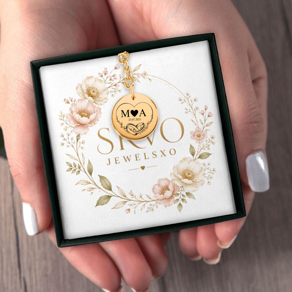Personalized coin keychain with laser engraving, stainless steel, 18k gold or rose gold plated, custom front and back, gift for her or him