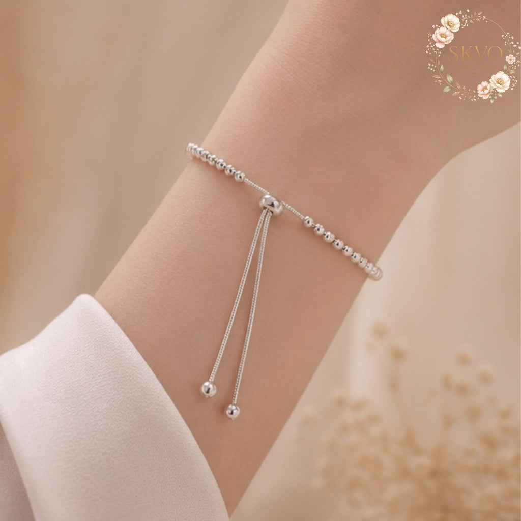 Sterling Silver Beaded Bracelet with Adjustable Sliding Closure, Minimalist Jewelry for Women, Gift for Her, Elegant and Stylish Accessory