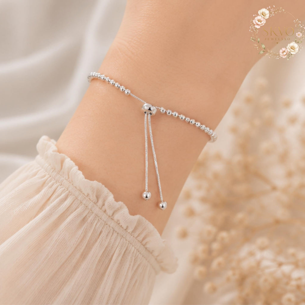 Sterling Silver Beaded Bracelet with Adjustable Sliding Closure, Minimalist Jewelry for Women, Gift for Her, Elegant and Stylish Accessory