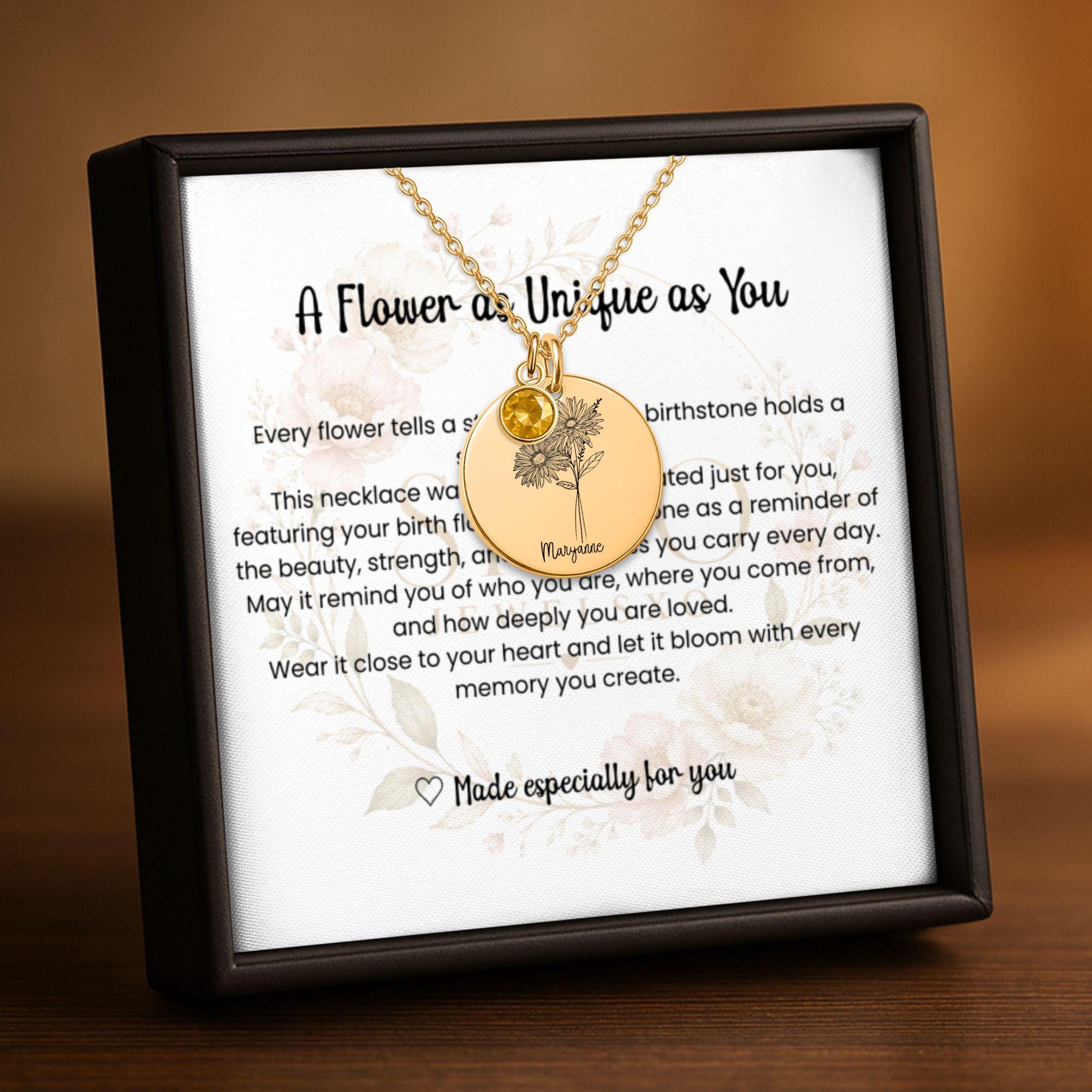 Custom Birth Flower Necklace with Birthstone, Personalized Flower Necklace Gift for Her, Birth Month Jewelry Keepsake Card