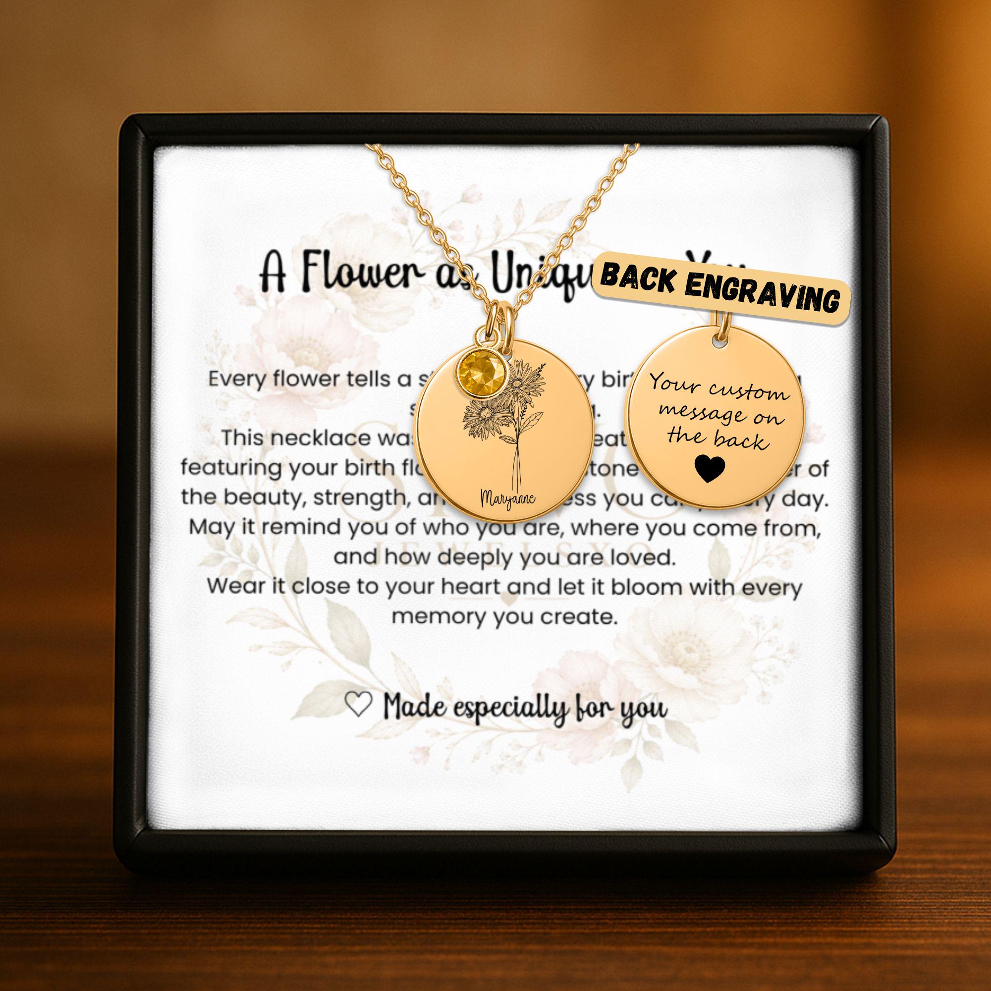 Custom Birth Flower Necklace with Birthstone, Personalized Flower Necklace Gift for Her, Birth Month Jewelry Keepsake Card