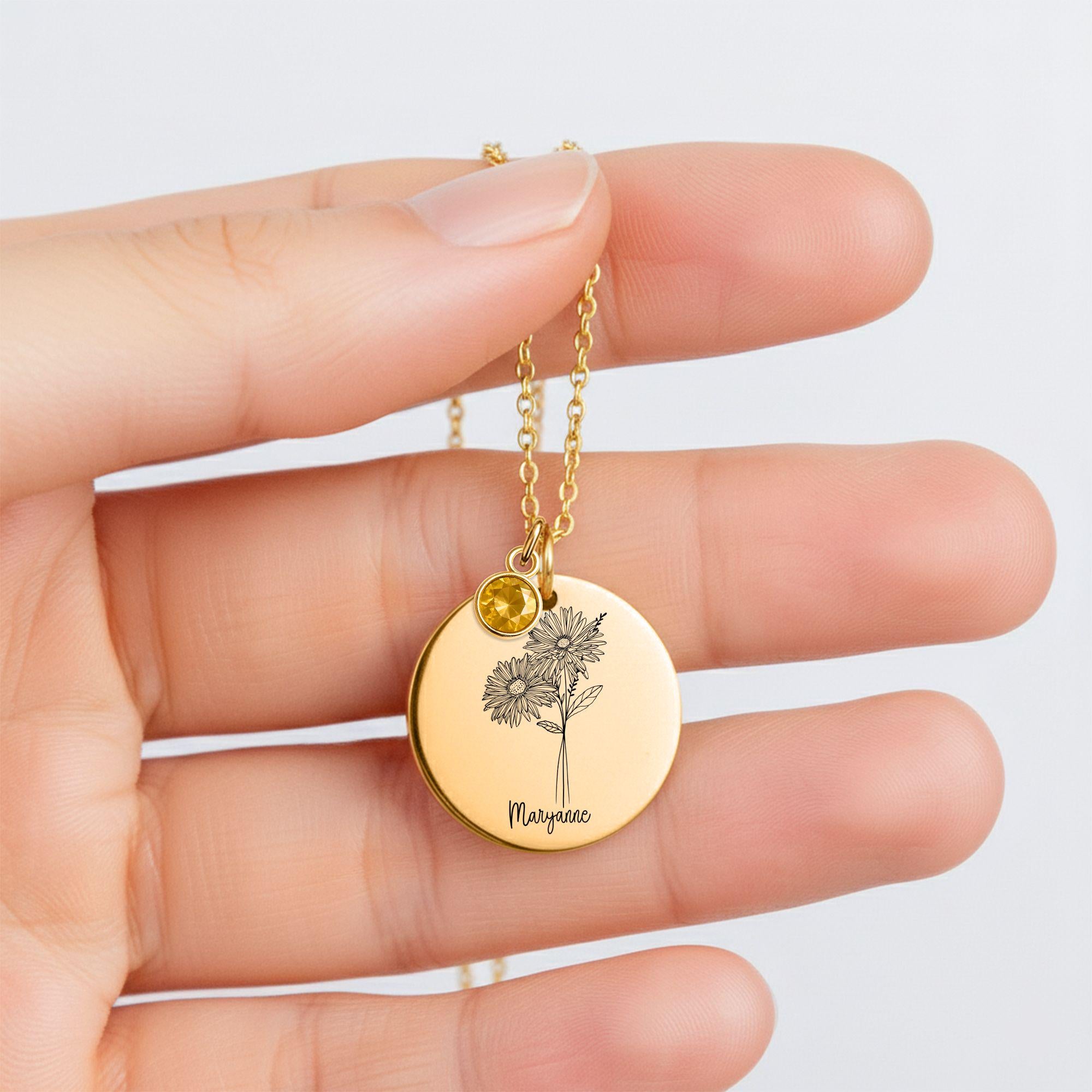 Custom Birth Flower Necklace with Birthstone, Personalized Flower Necklace Gift for Her, Birth Month Jewelry Keepsake Card