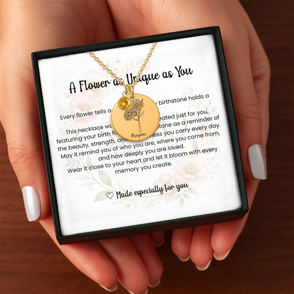 Custom Birth Flower Necklace with Birthstone, Personalized Flower Necklace Gift for Her, Birth Month Jewelry Keepsake Card