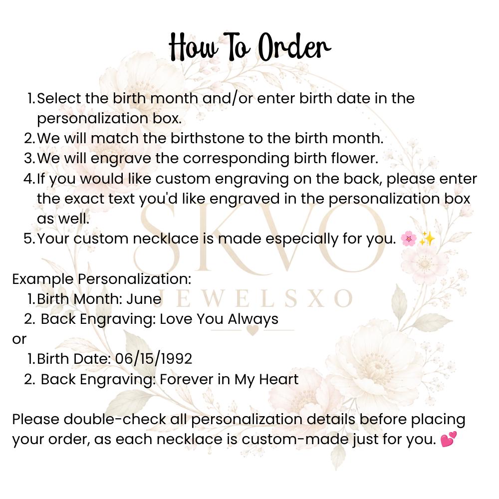 Custom Birth Flower Necklace with Birthstone, Personalized Flower Necklace Gift for Her, Birth Month Jewelry Keepsake Card