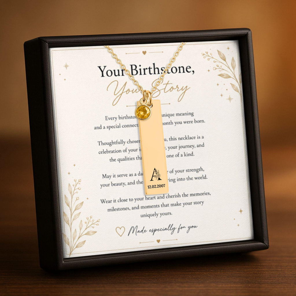 Personalized Vertical Bar Necklace with Birthstone | Stainless Steel or Gold Plated Custom Engraved Jewelry for Women, Gift for Her