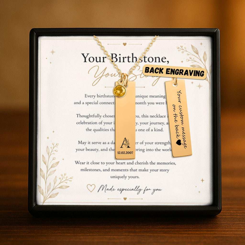 Personalized Vertical Bar Necklace with Birthstone | Stainless Steel or Gold Plated Custom Engraved Jewelry for Women, Gift for Her