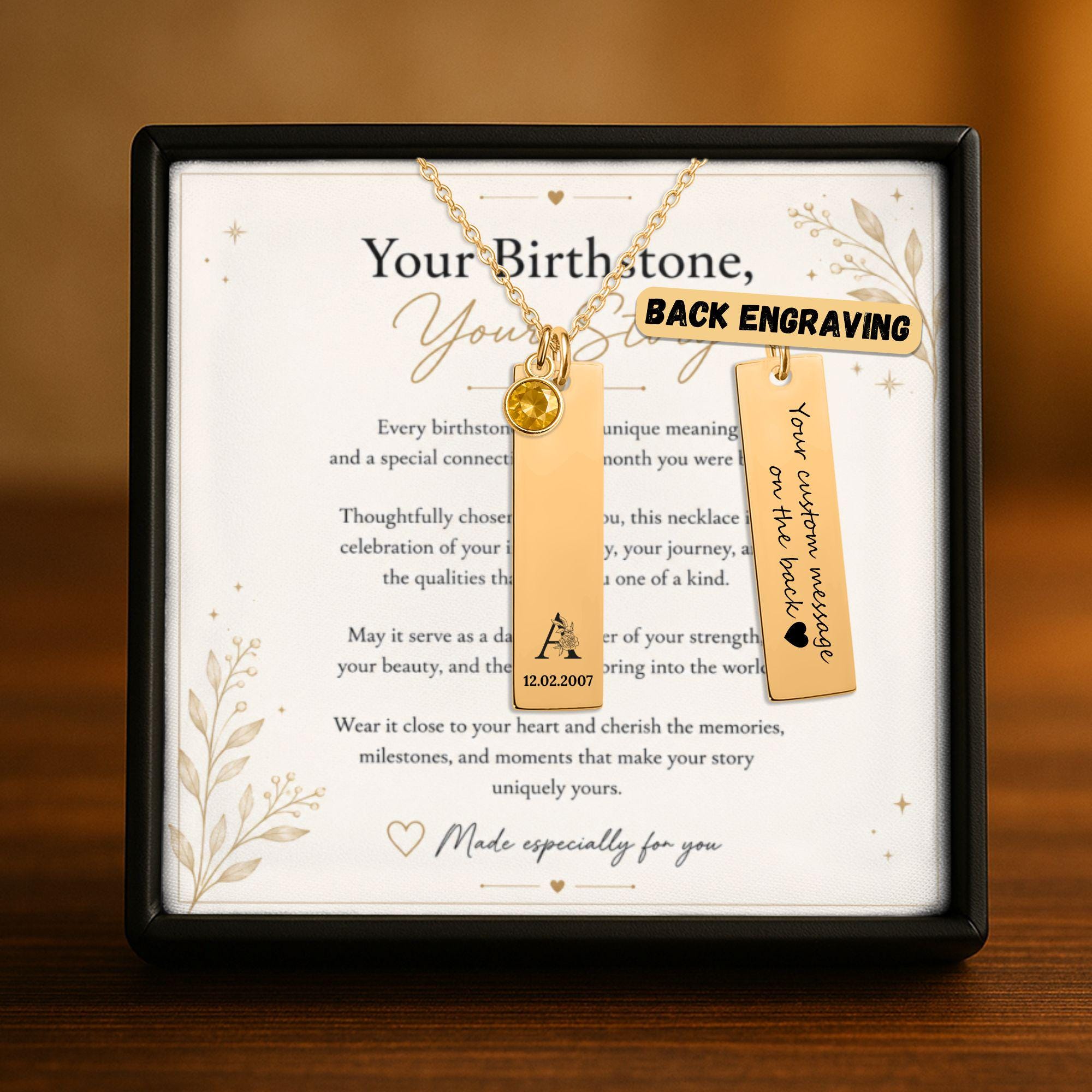 Personalized Vertical Bar Necklace with Birthstone | Stainless Steel or Gold Plated Custom Engraved Jewelry for Women, Gift for Her