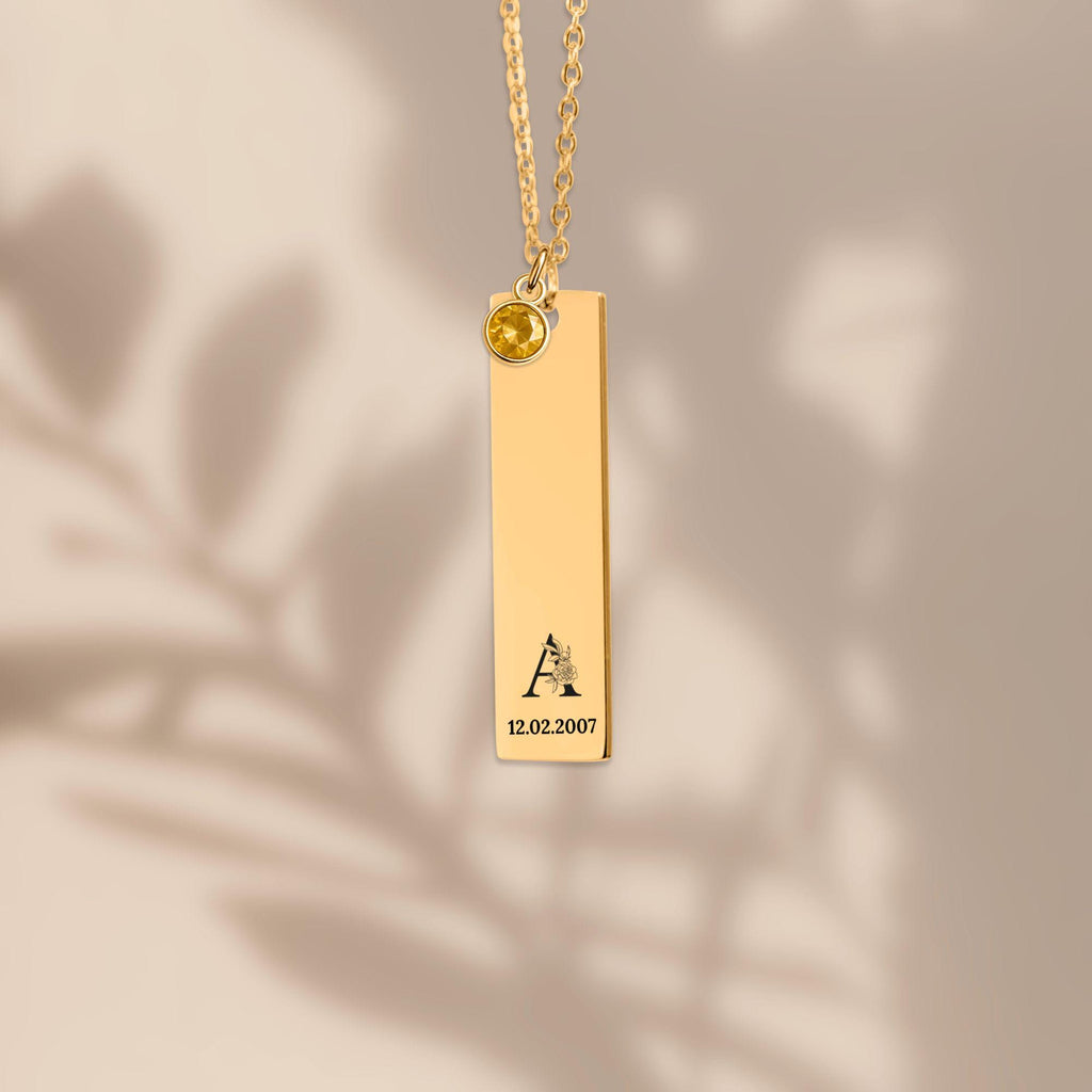 Personalized Vertical Bar Necklace with Birthstone | Stainless Steel or Gold Plated Custom Engraved Jewelry for Women, Gift for Her