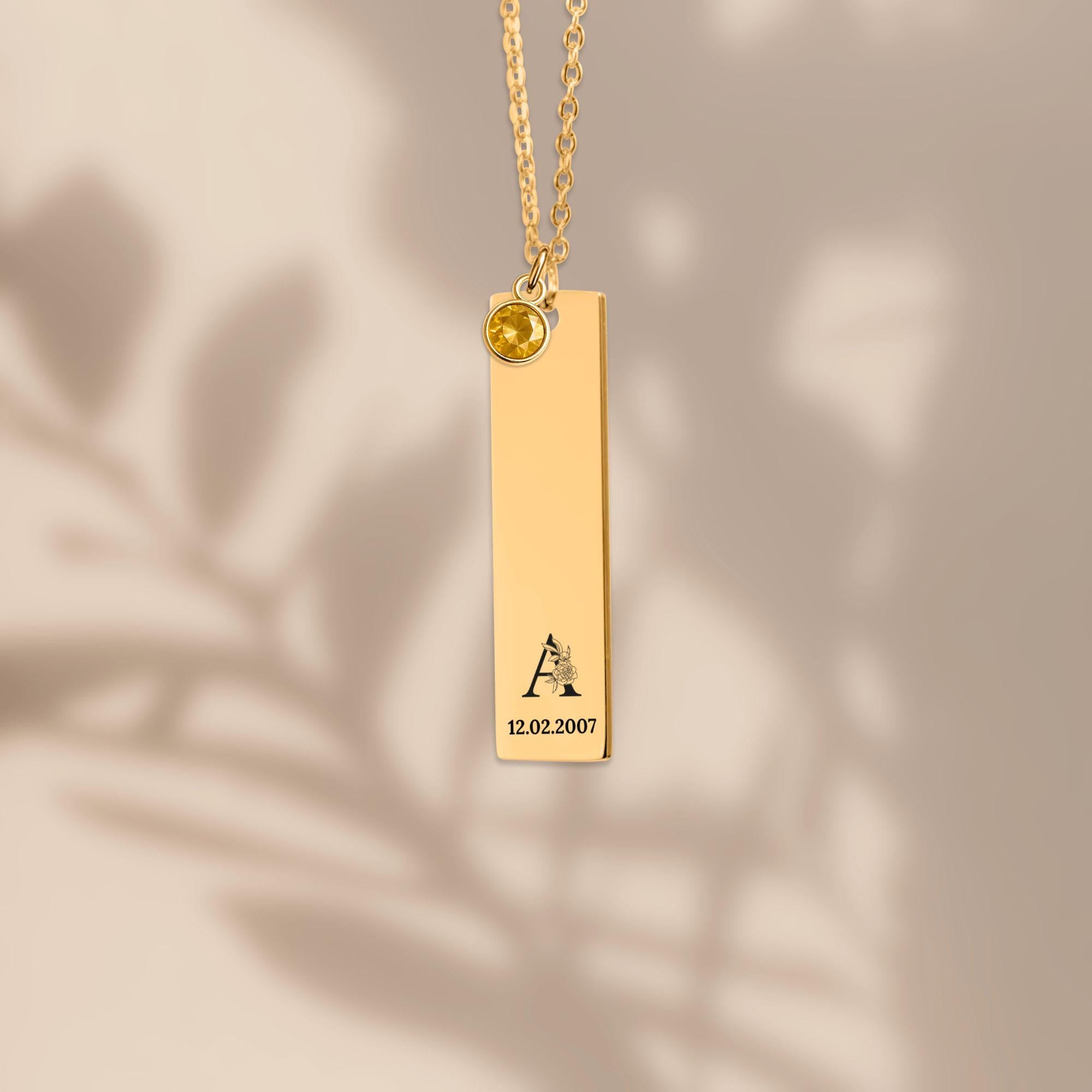 Personalized Vertical Bar Necklace with Birthstone | Stainless Steel or Gold Plated Custom Engraved Jewelry for Women, Gift for Her