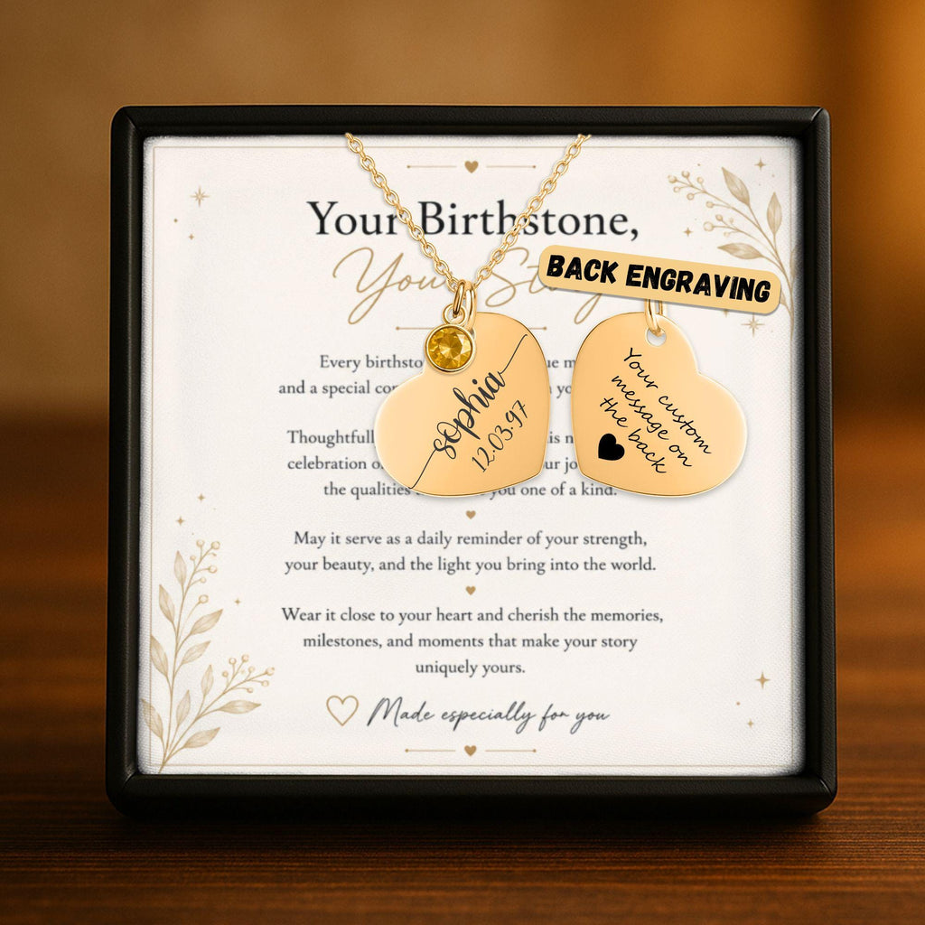 Personalized Heart Necklace with Birthstone | Custom Engraved Jewelry in Gold, Rose Gold, or Silver | Gift for Her, Mom, Birthday