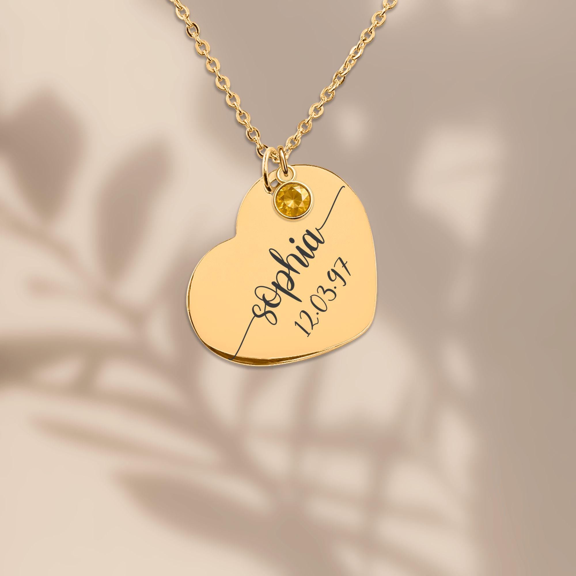 Personalized Heart Necklace with Birthstone | Custom Engraved Jewelry in Gold, Rose Gold, or Silver | Gift for Her, Mom, Birthday