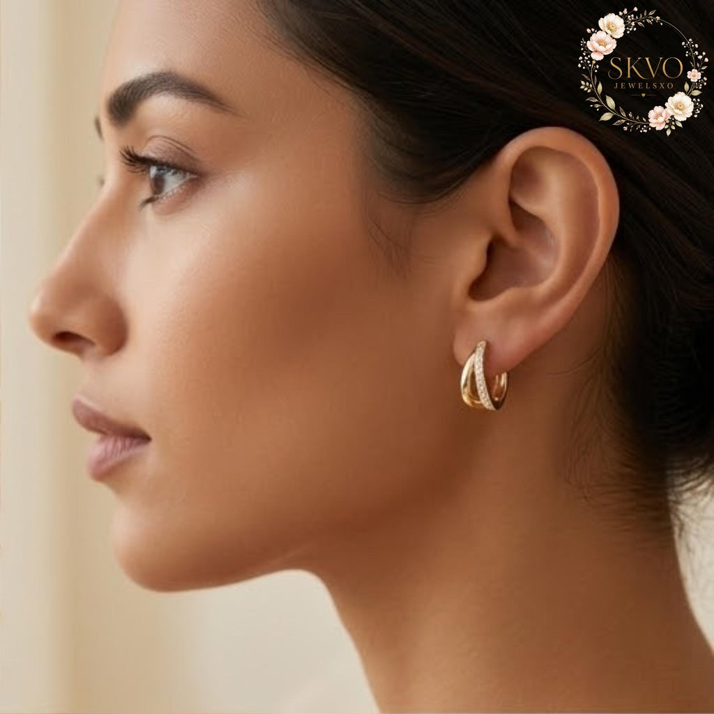 Elegant Gold Huggie Earrings with CZ Crystal Accent, Dangle Jewelry for Women, Gift for Her, Stylish Bridal or Everyday Accessory