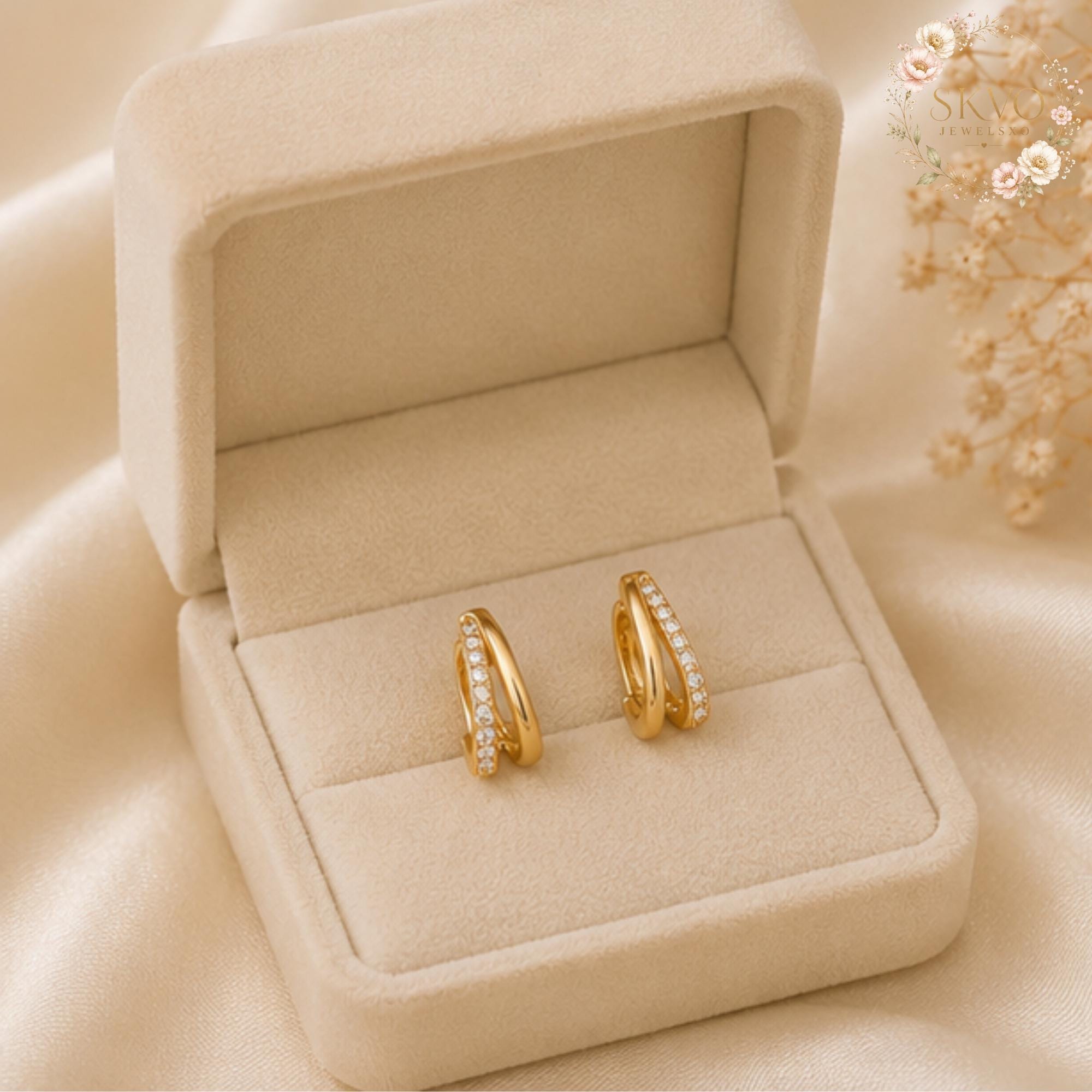 Elegant Gold Huggie Earrings with CZ Crystal Accent, Dangle Jewelry for Women, Gift for Her, Stylish Bridal or Everyday Accessory