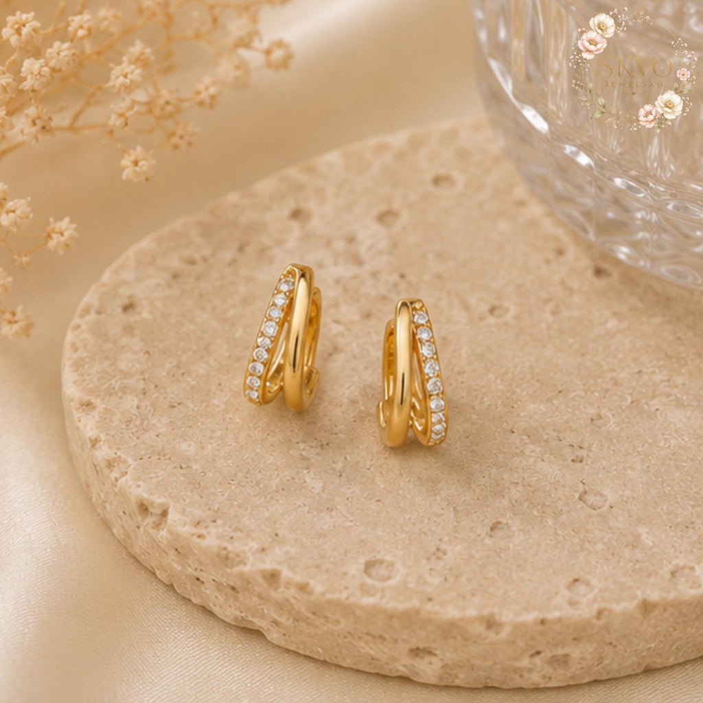 Elegant Gold Huggie Earrings with CZ Crystal Accent, Dangle Jewelry for Women, Gift for Her, Stylish Bridal or Everyday Accessory