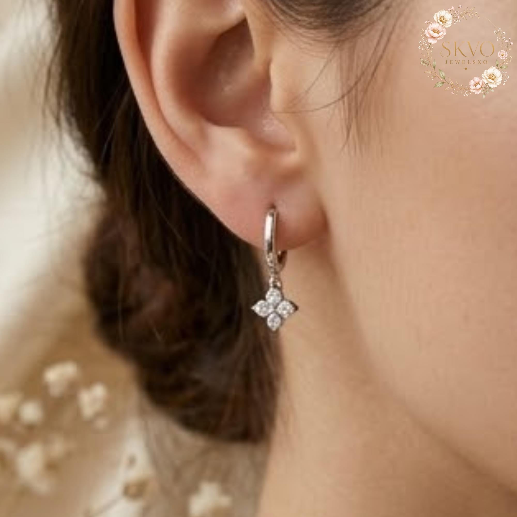 Diamond Clover Hoop Earrings, Sterling Silver or Gold Plated Jewelry, Elegant Gift for Her, Minimalist Wedding or Anniversary Accessory