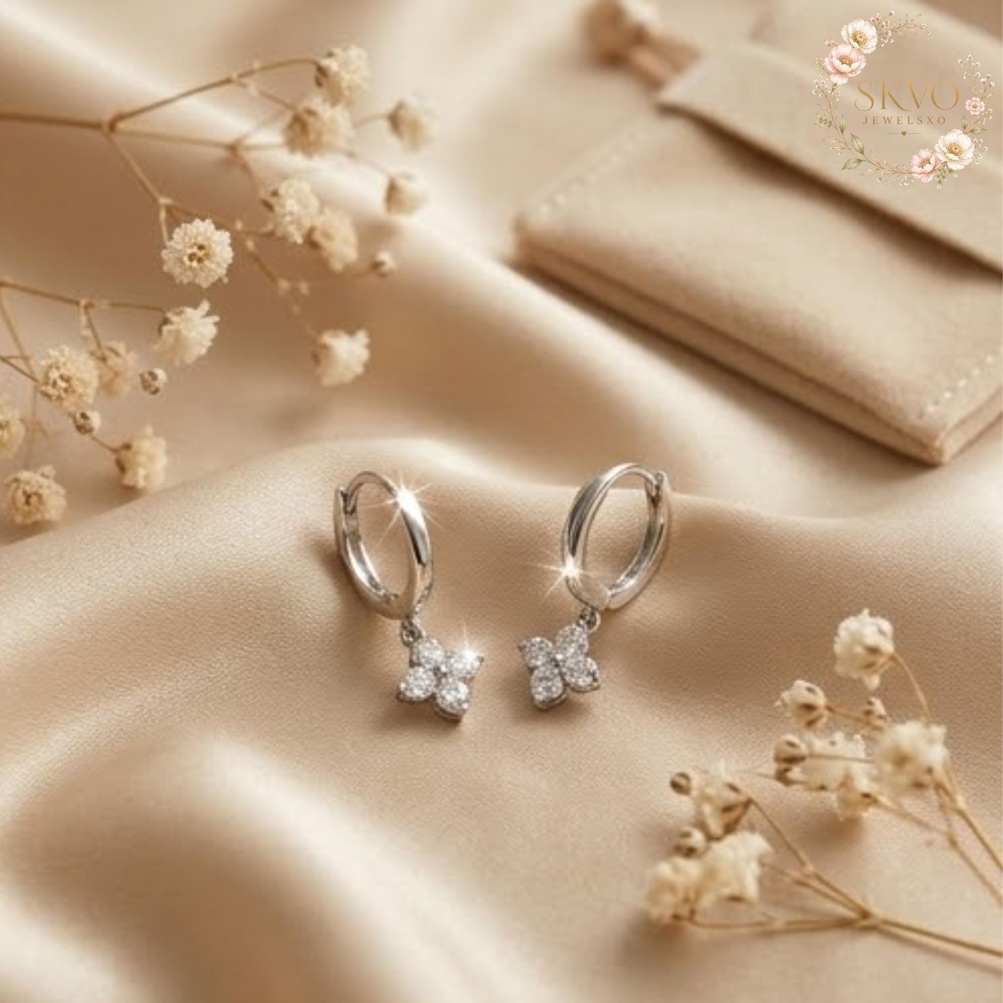 Diamond Clover Hoop Earrings, Sterling Silver or Gold Plated Jewelry, Elegant Gift for Her, Minimalist Wedding or Anniversary Accessory