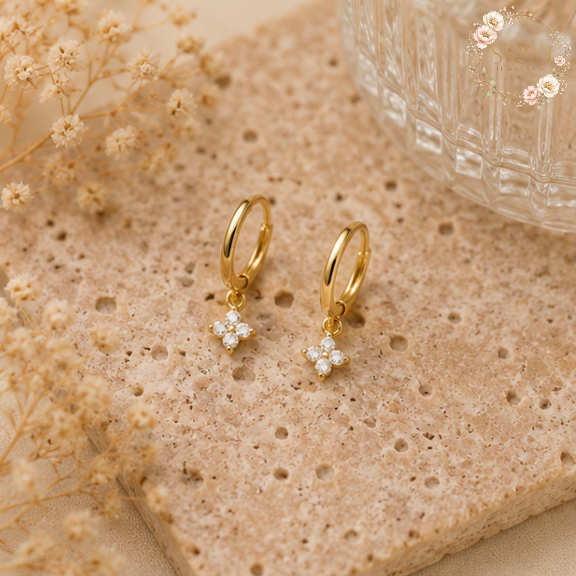 Diamond Clover Hoop Earrings, Sterling Silver or Gold Plated Jewelry, Elegant Gift for Her, Minimalist Wedding or Anniversary Accessory