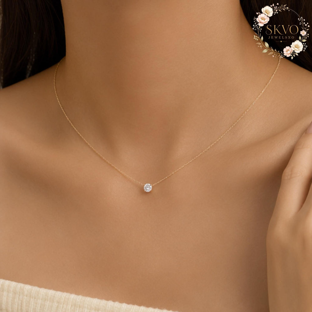 Dainty Solitaire Necklace, Gold Crystal Pendant Necklace, Minimalist Gold Necklace, Everyday Jewelry Gift for Her